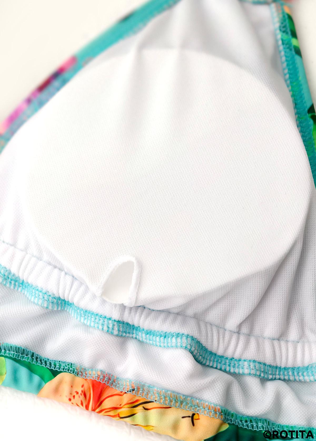 Mint Green swimwear,Plants swimwear,ROTITA Mint Green Tropical Plants Print Mid Waisted Bikini Set