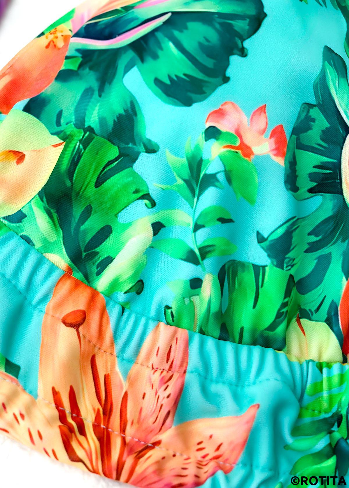 Mint Green swimwear,Plants swimwear,ROTITA Mint Green Tropical Plants Print Mid Waisted Bikini Set