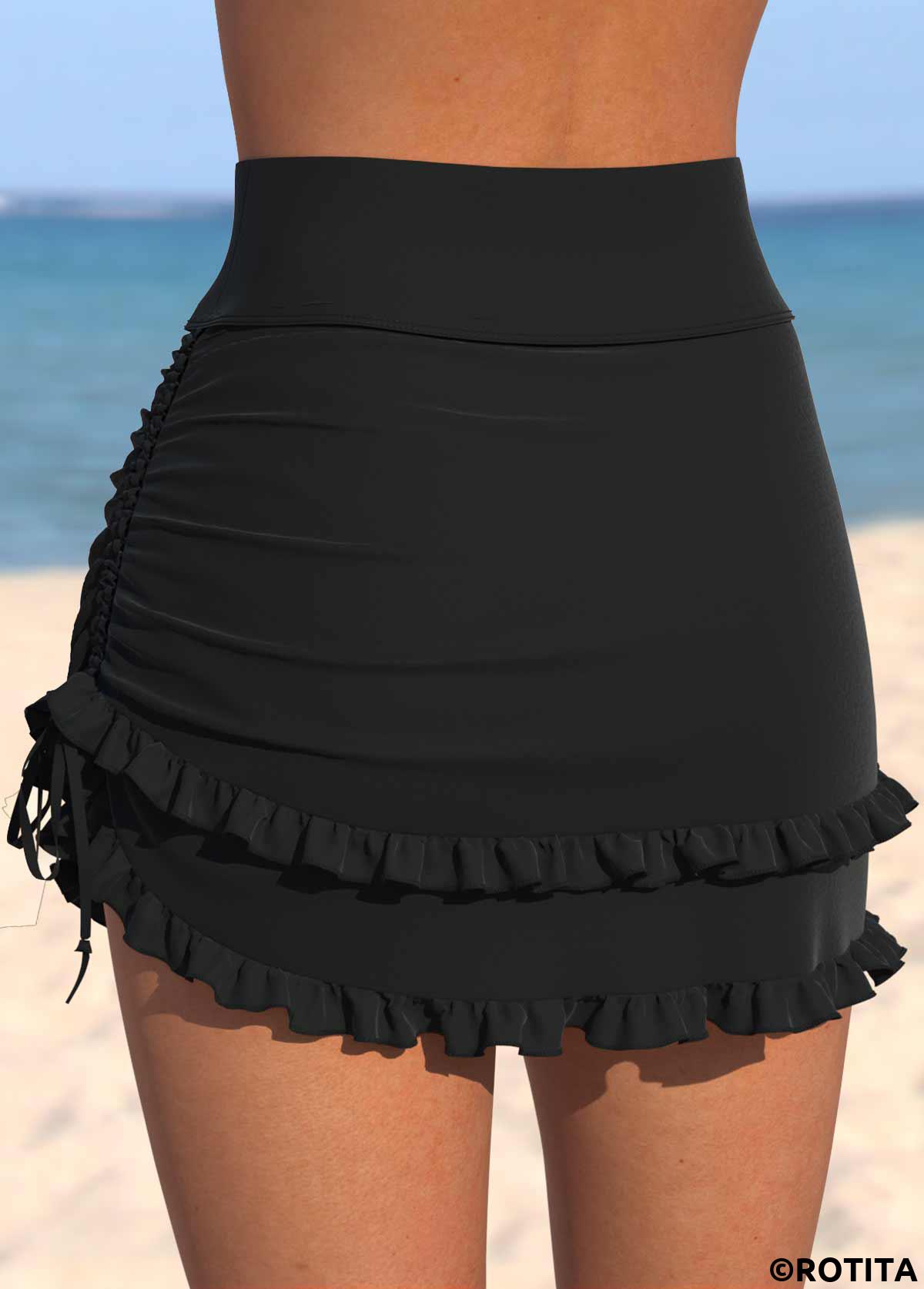 Black swimwear,Plain Color swimwear,ROTITA Black High Waisted Frill Swim Skirt