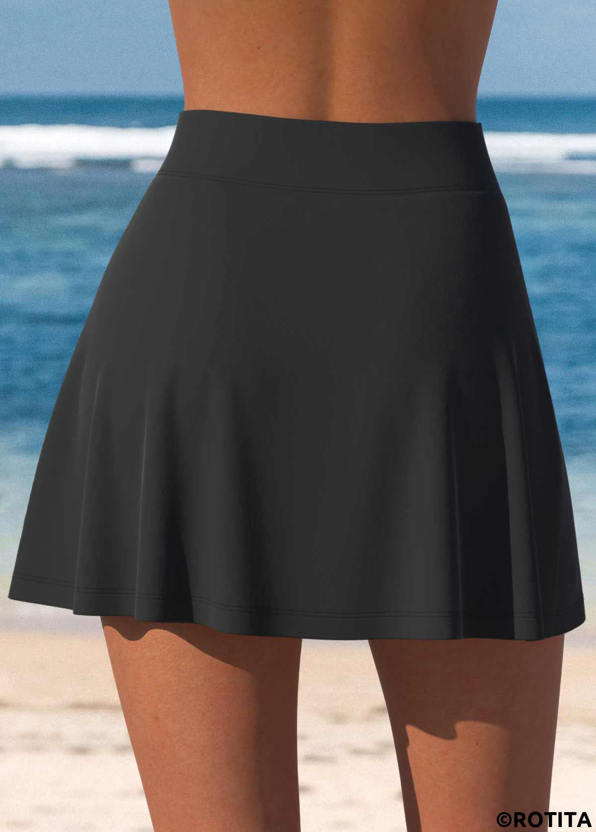 Black swimwear,Plain Color swimwear,ROTITA Black High Waisted Patchwork Split Pantskirt