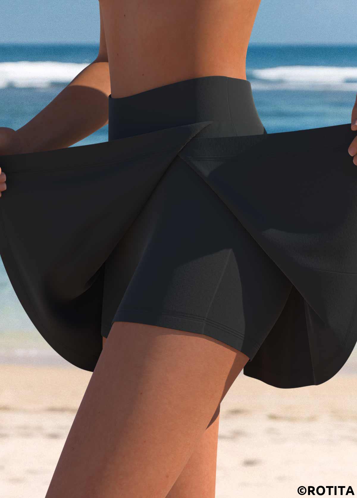 Black swimwear,Plain Color swimwear,ROTITA Black High Waisted Patchwork Split Pantskirt