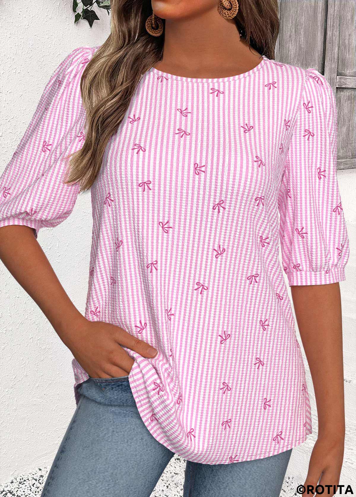 Multi Color tops,Striped tops,Geometric tops,ROTITA Striped Multi Color Round Neck Half Sleeve Blouse