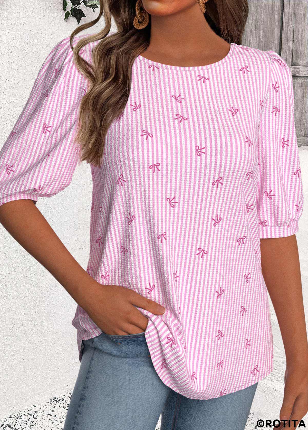 Multi Color tops,Striped tops,Geometric tops,ROTITA Striped Multi Color Round Neck Half Sleeve Blouse