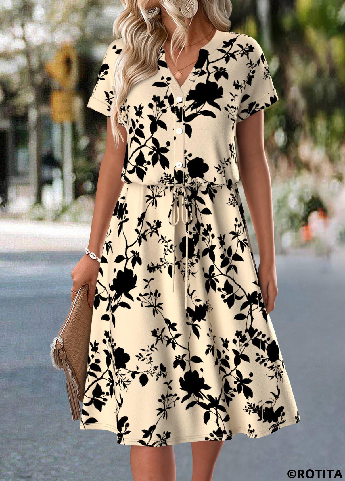 Light Camel dresses,Floral dresses,Plants dresses,Everyday dresses,Casual dresses,ROTITA Floral Print Light Camel Split Neck Short Sleeve Dress