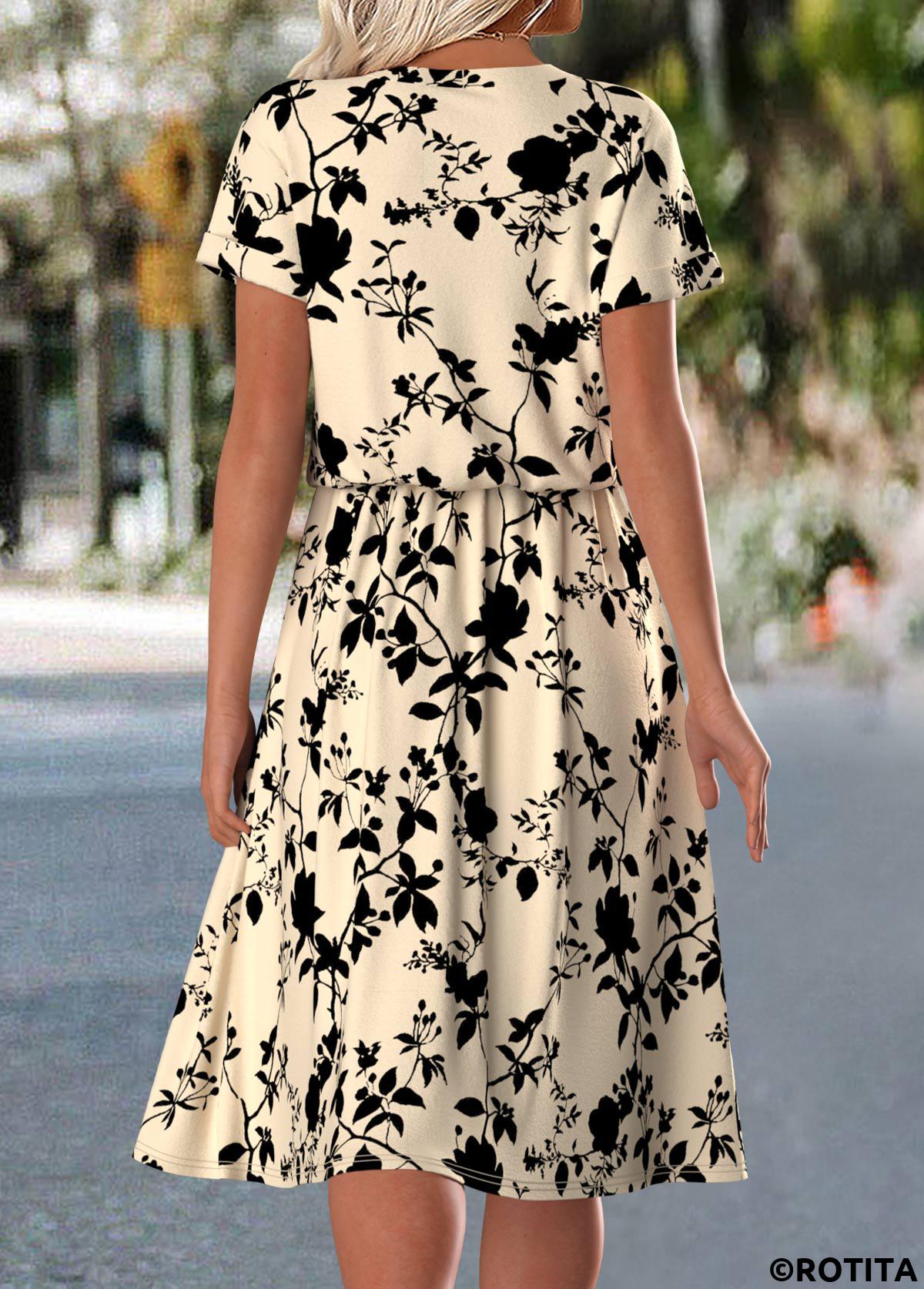 Light Camel dresses,Floral dresses,Plants dresses,Everyday dresses,Casual dresses,ROTITA Floral Print Light Camel Split Neck Short Sleeve Dress