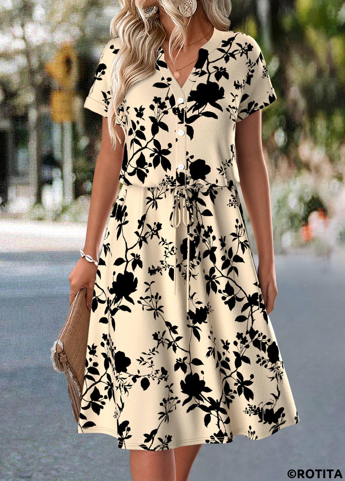 Light Camel dresses,Floral dresses,Plants dresses,Everyday dresses,Casual dresses,ROTITA Floral Print Light Camel Split Neck Short Sleeve Dress