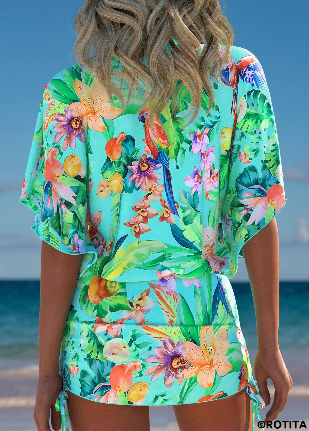 Mint Green swimwear,Plants swimwear,ROTITA Mint Green Tropical Plants Print Cover Up