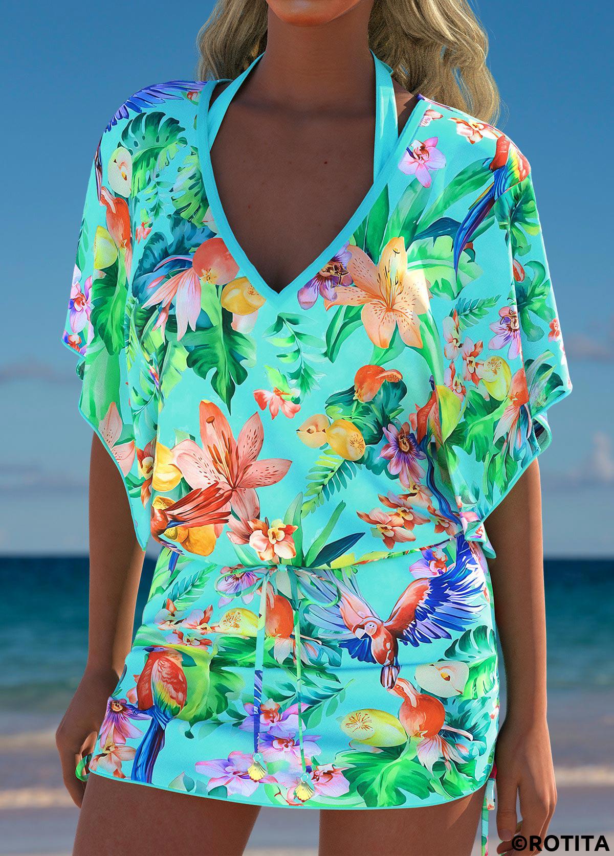 Mint Green swimwear,Plants swimwear,ROTITA Mint Green Tropical Plants Print Cover Up
