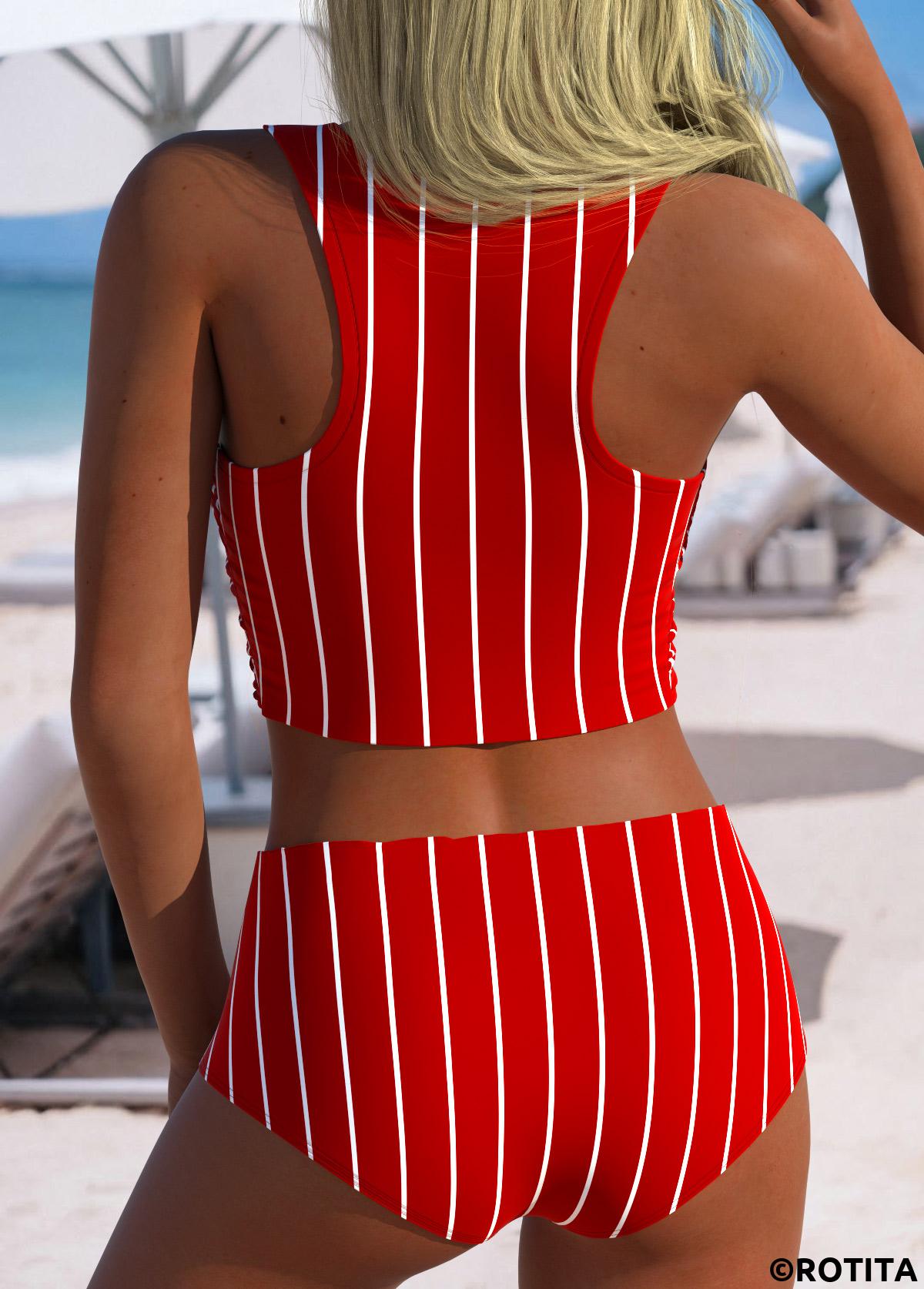 Red swimwear,Striped swimwear,Geometric swimwear,ROTITA Red Striped High Waisted Bikini Set