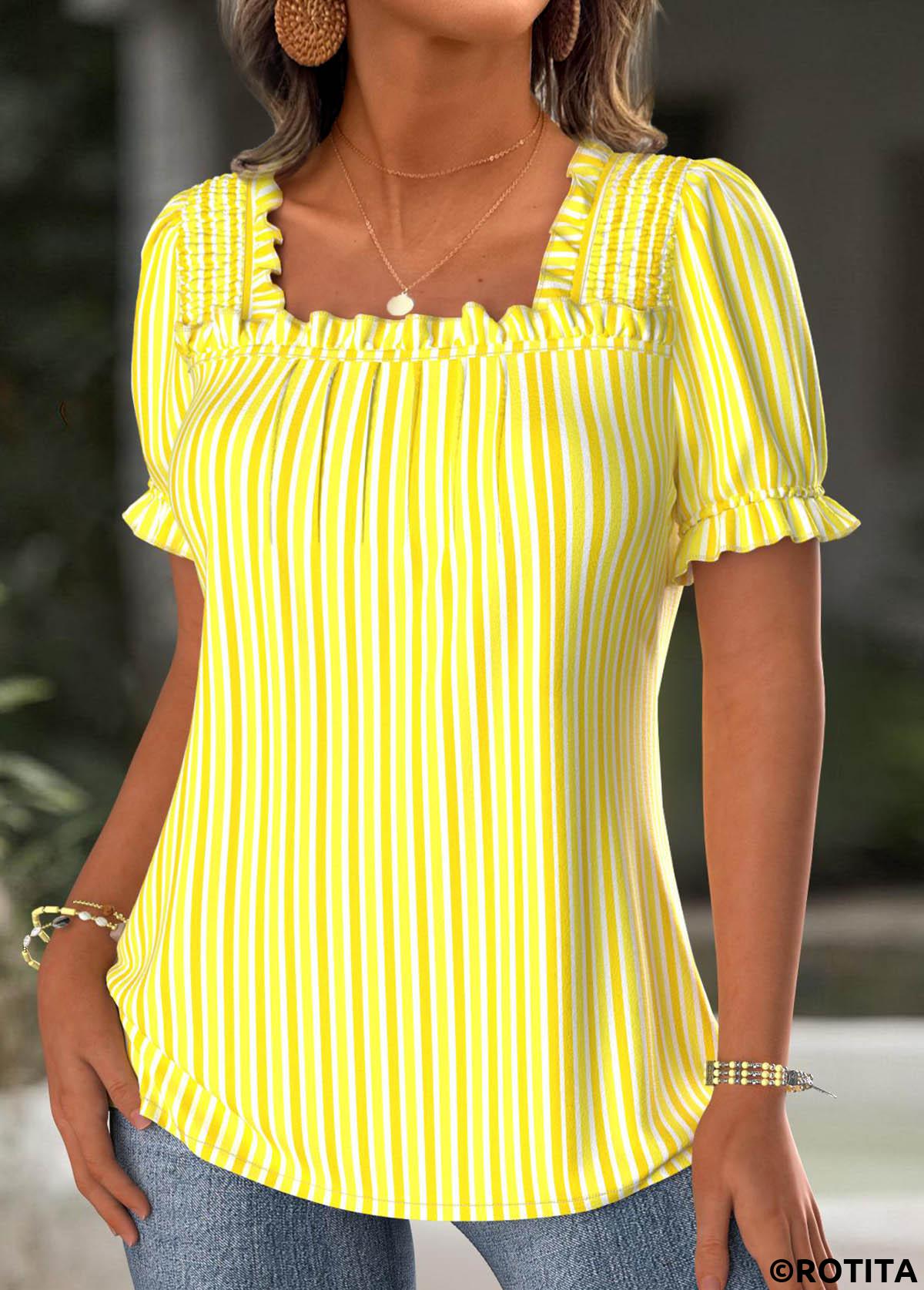 Yellow tops,Striped tops,Geometric tops,ROTITA Striped Yellow Square Neck Short Sleeve Blouse