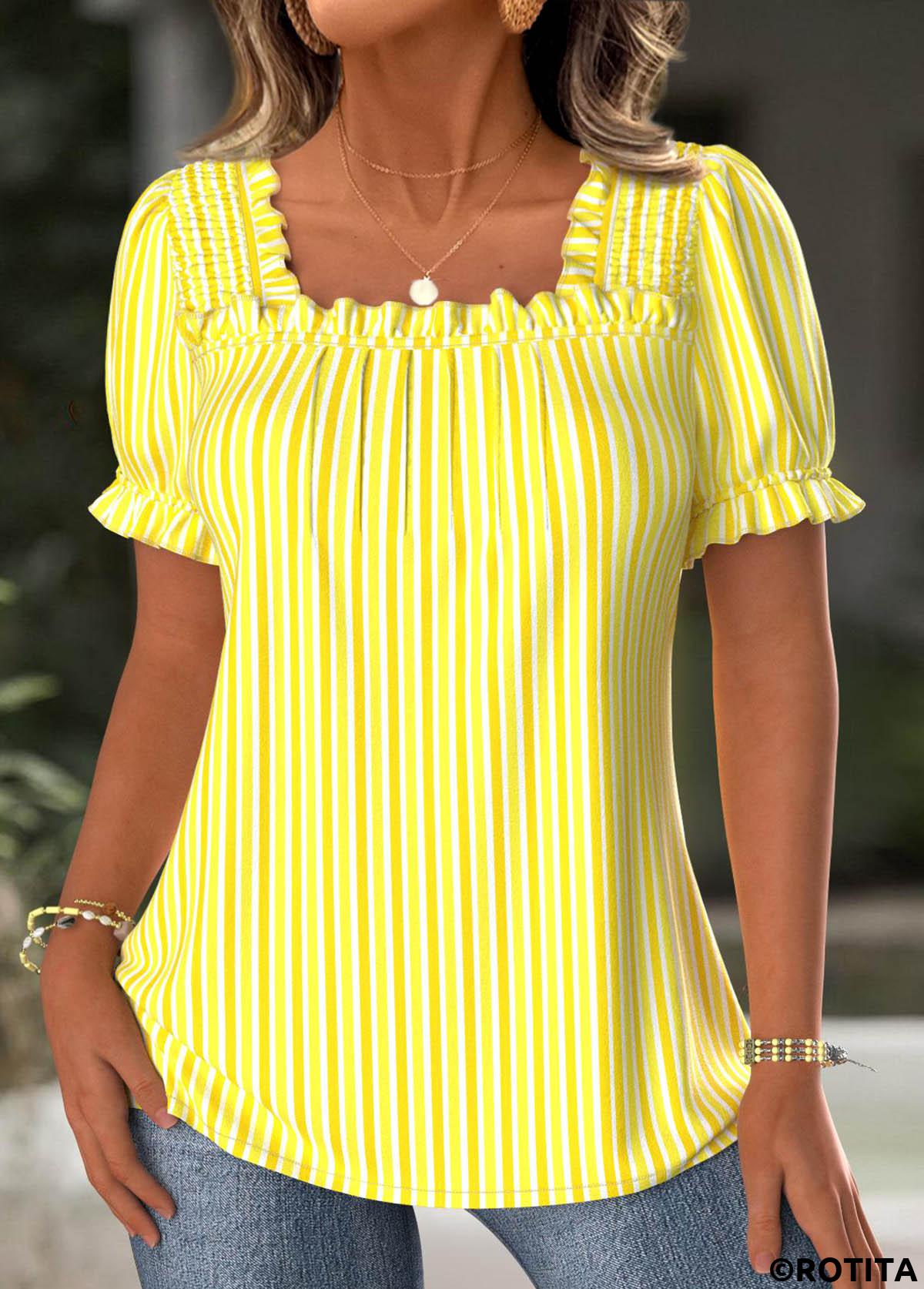 Yellow tops,Striped tops,Geometric tops,ROTITA Striped Yellow Square Neck Short Sleeve Blouse