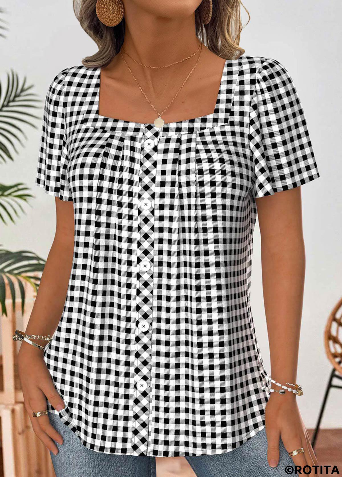 Black tops,Plaid tops,Geometric tops,ROTITA Plaid Black Square Neck Short Sleeve Blouse