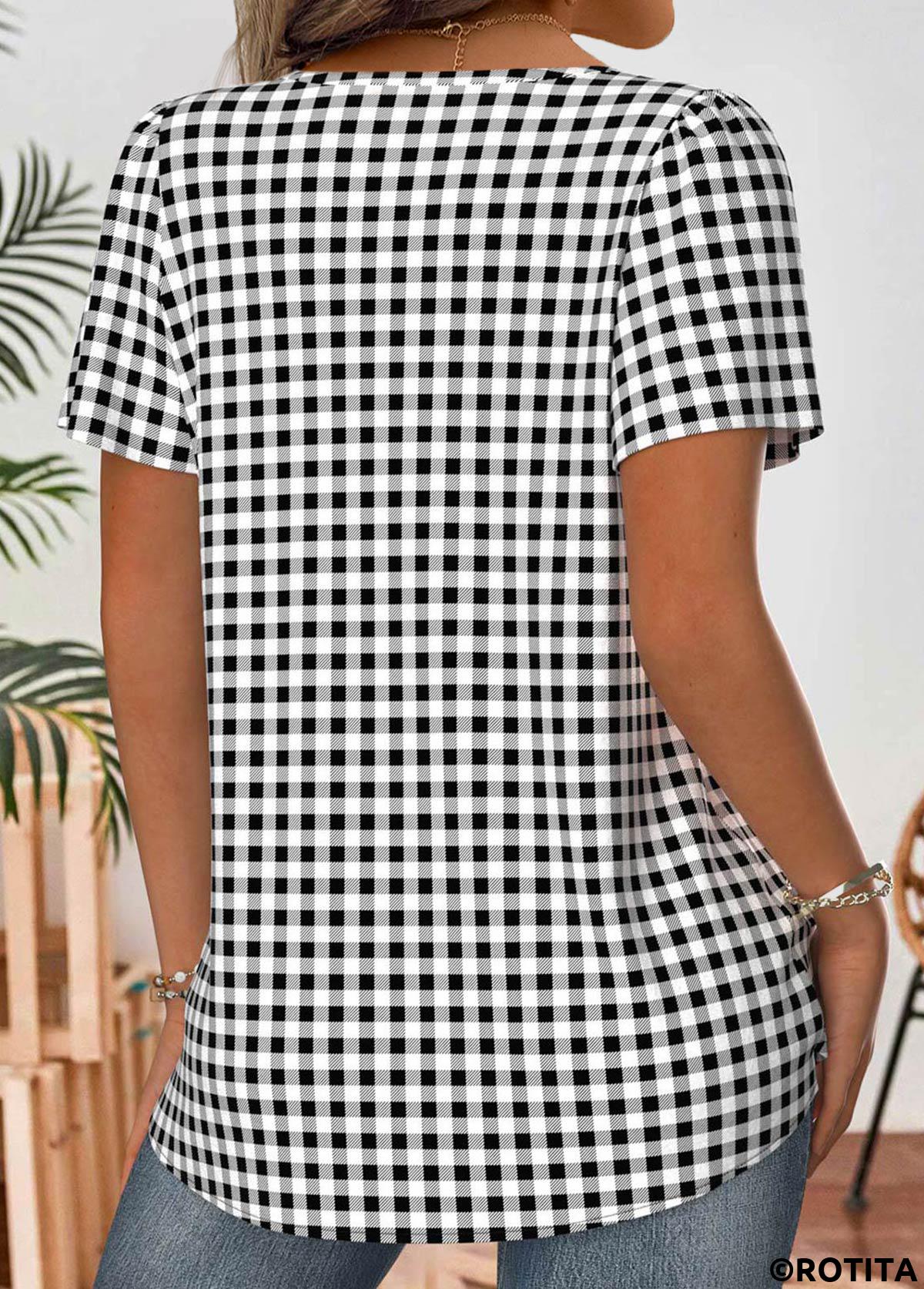 Black tops,Plaid tops,Geometric tops,ROTITA Plaid Black Square Neck Short Sleeve Blouse