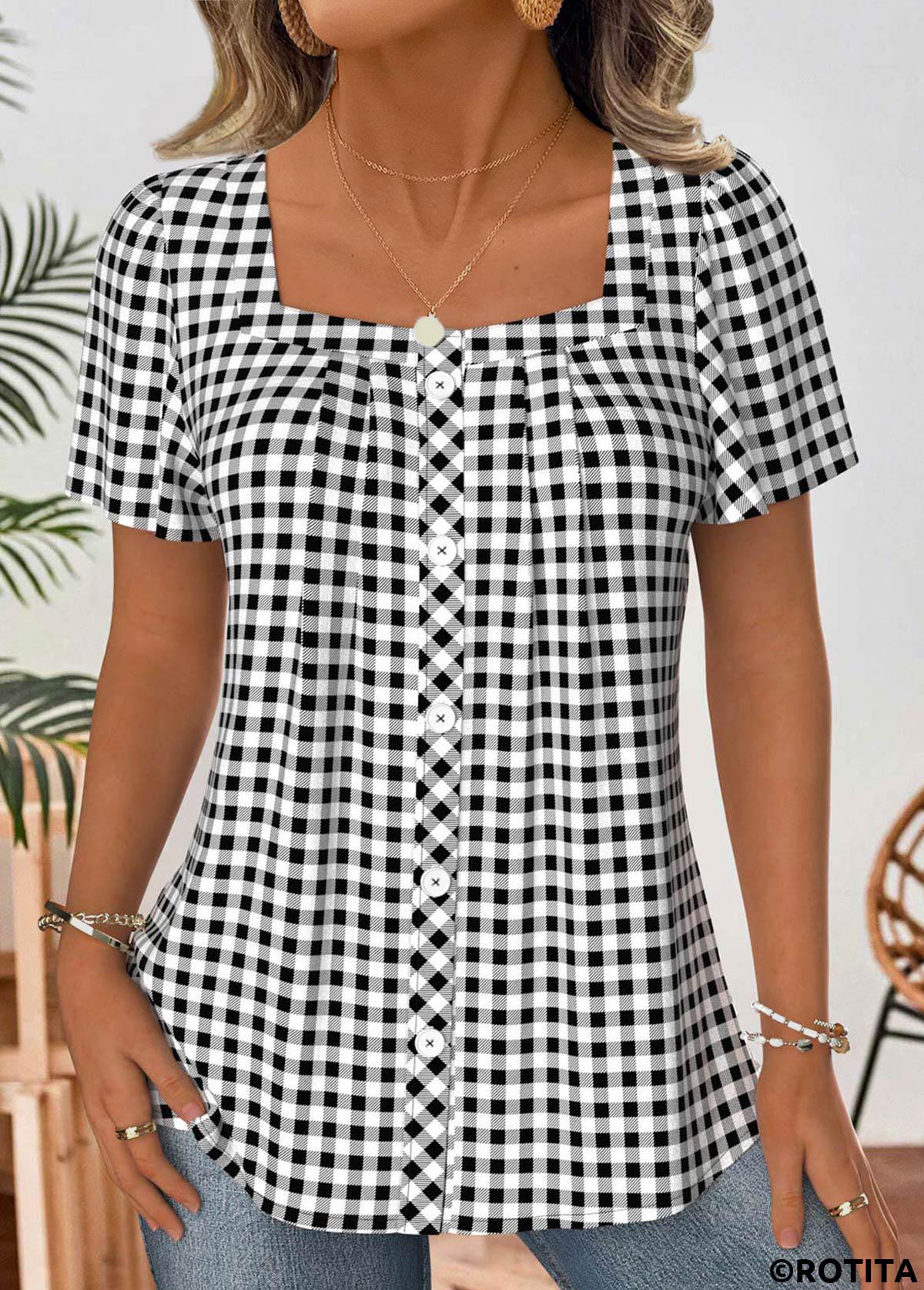 Black tops,Plaid tops,Geometric tops,ROTITA Plaid Black Square Neck Short Sleeve Blouse