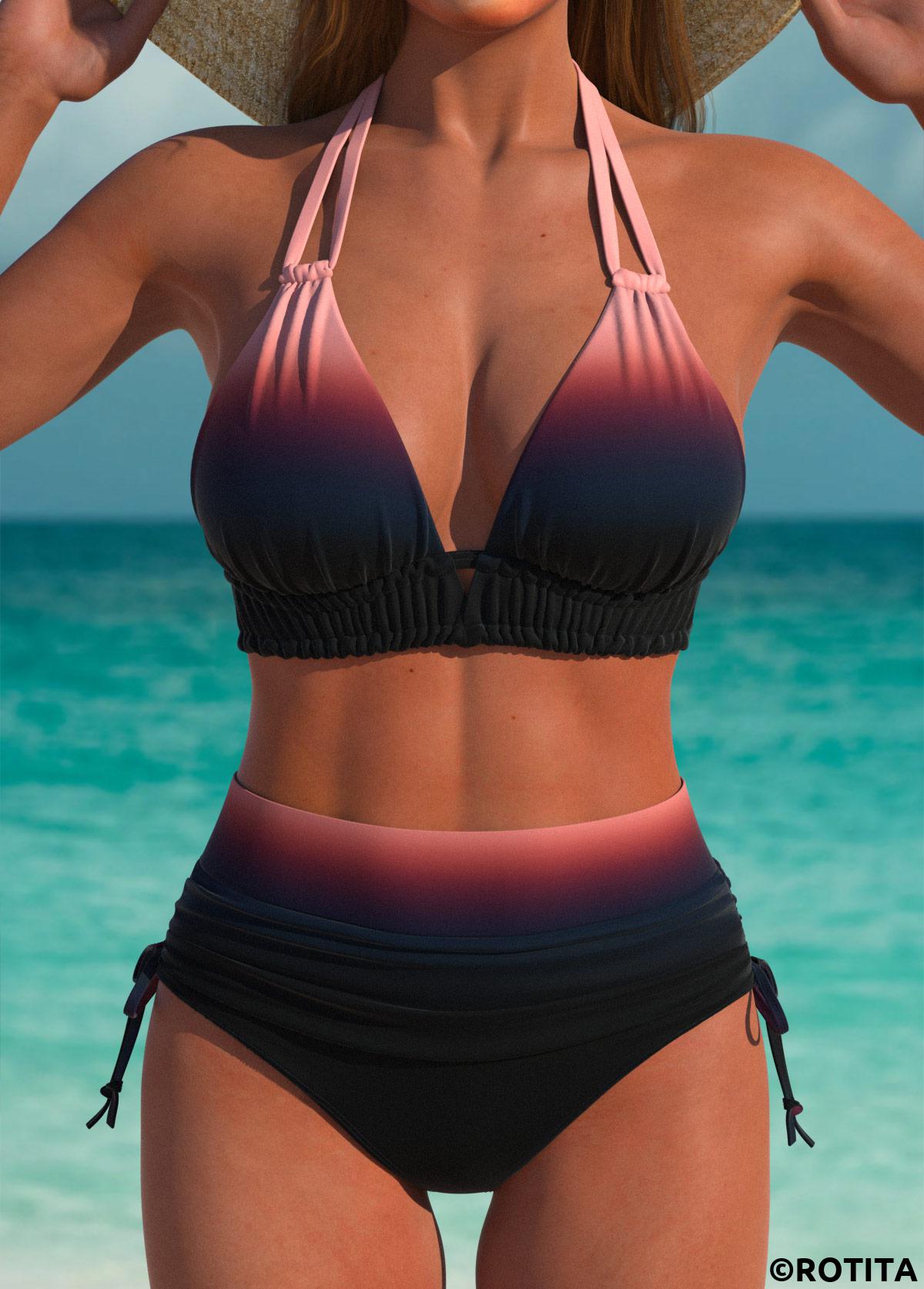 Multi Color swimwear,Ombre swimwear,ROTITA Multi Color Ombre Mid Waisted Bikini Set
