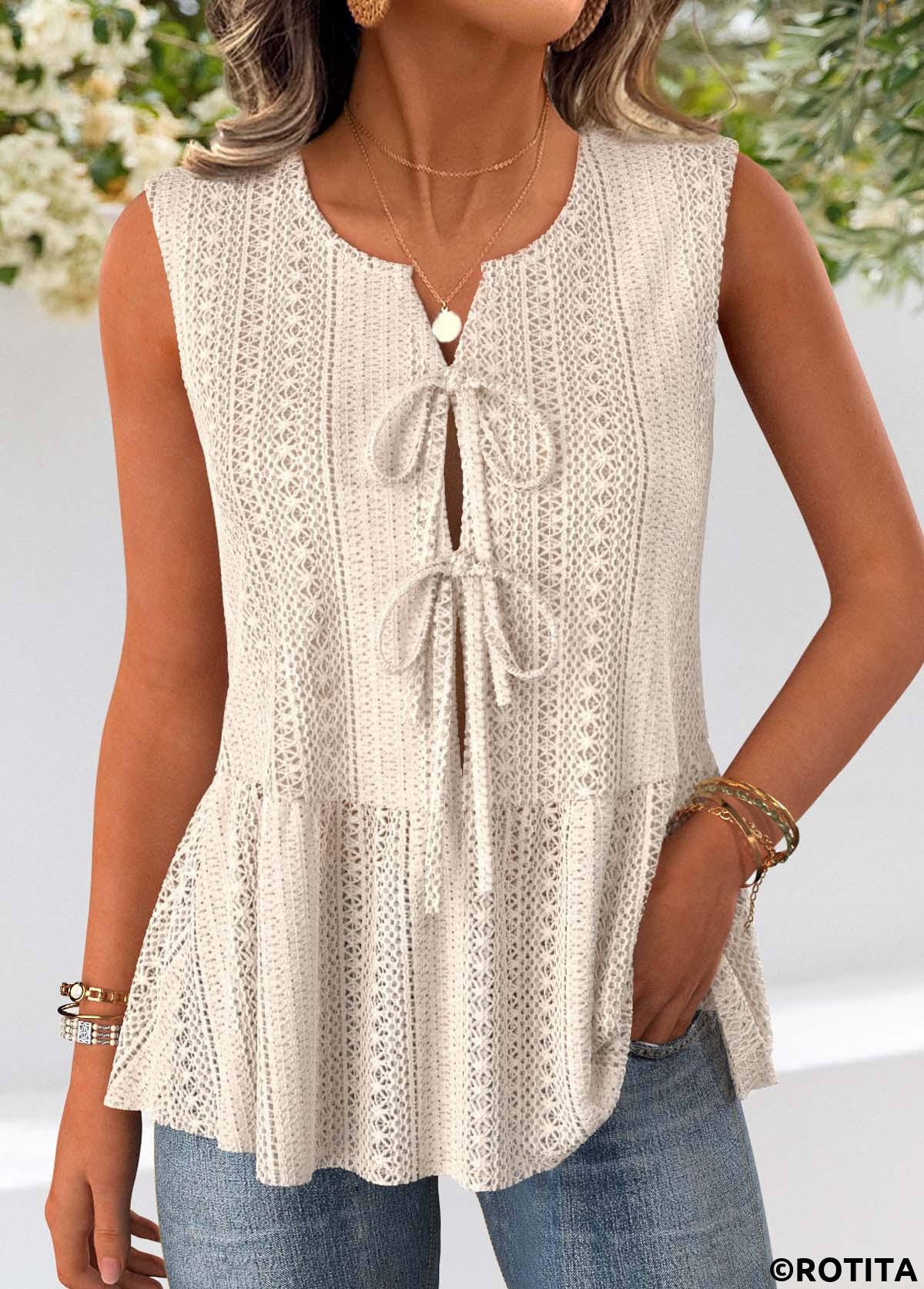 Beige tops,Plain Color tops,ROTITA Beige Sleeveless Open-Front V Neck Tank Top