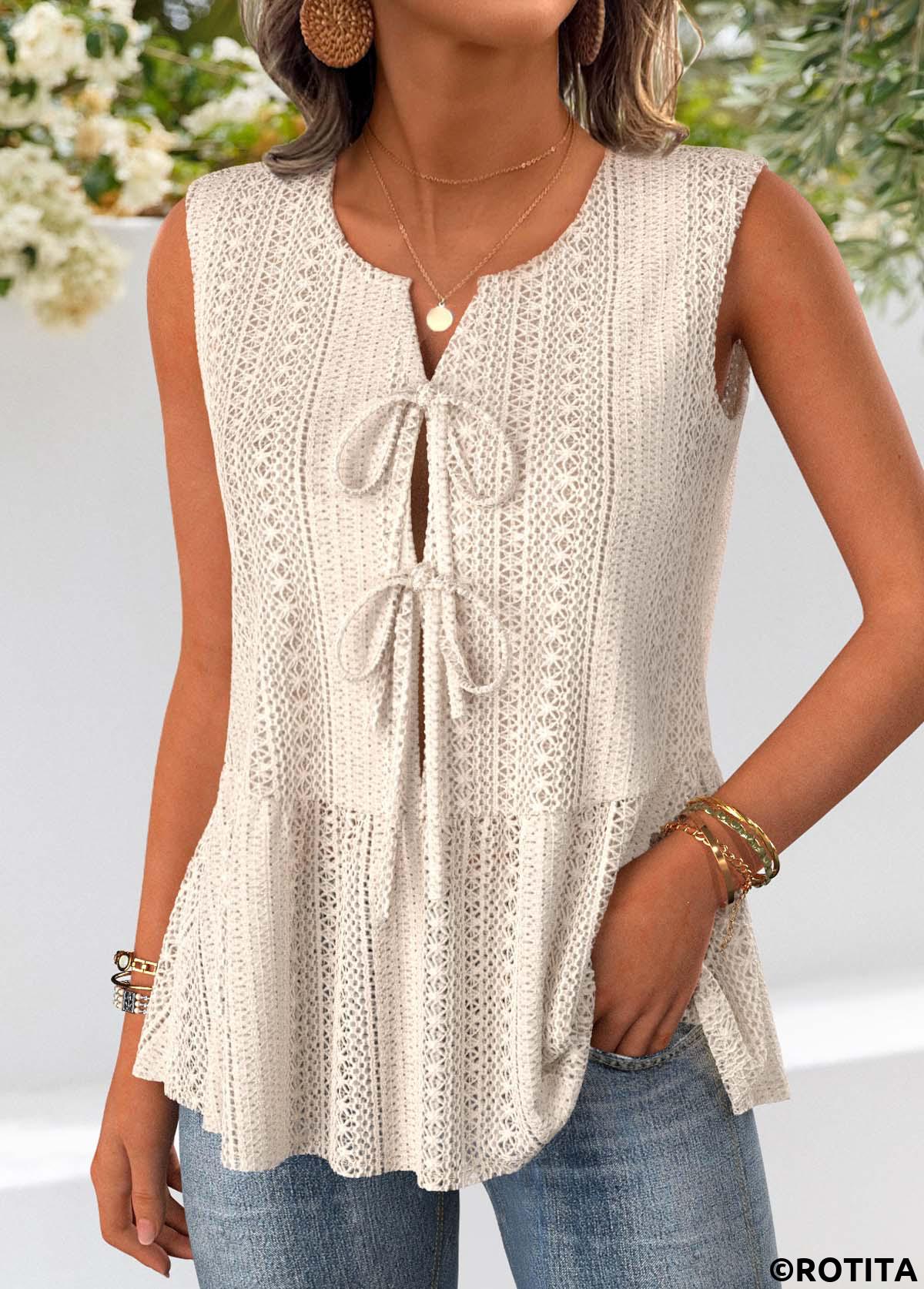 Beige tops,Plain Color tops,ROTITA Beige Sleeveless Open-Front V Neck Tank Top