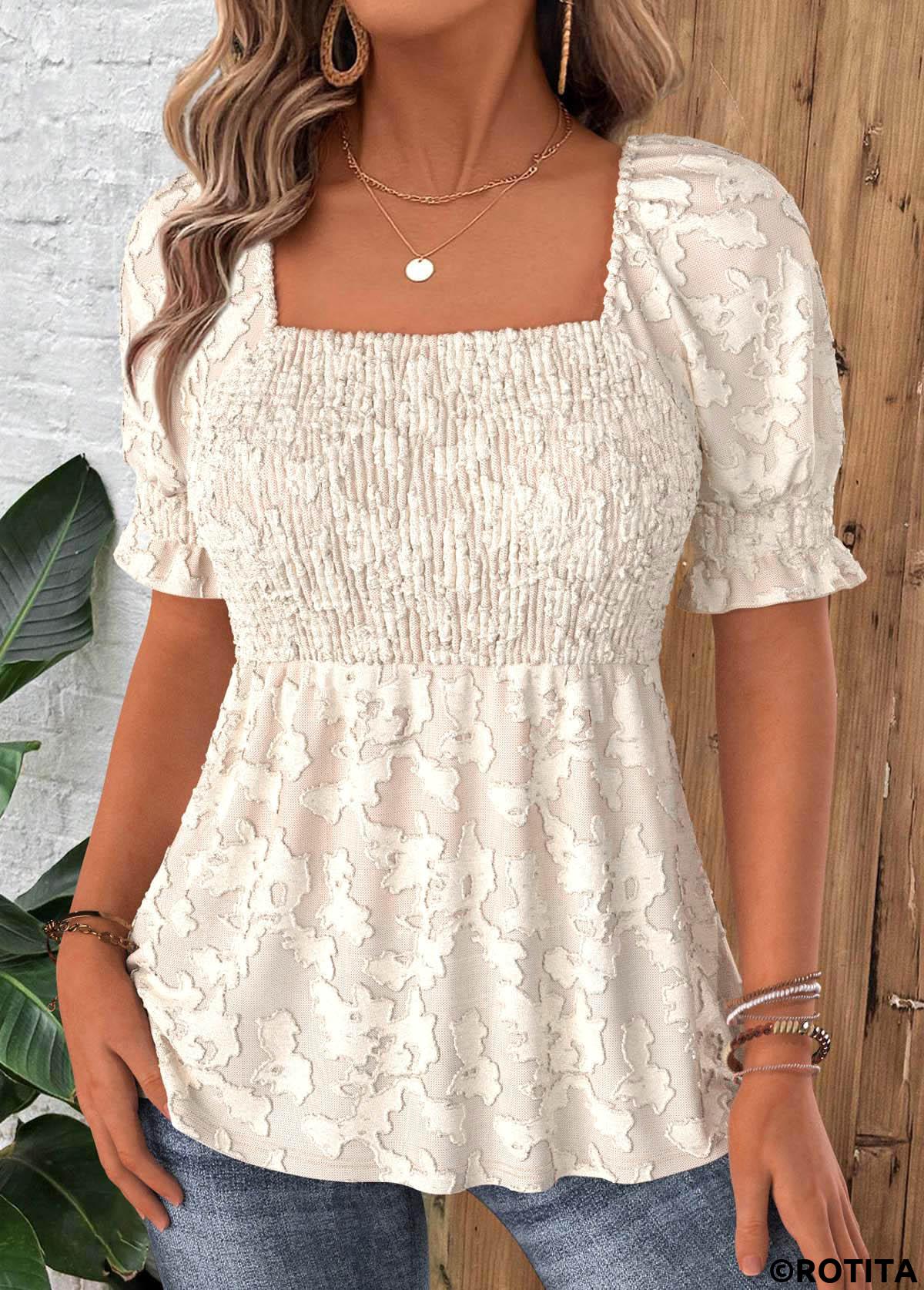 Beige tops,Plain Color tops,ROTITA Beige Square Neck Short Sleeve Blouse