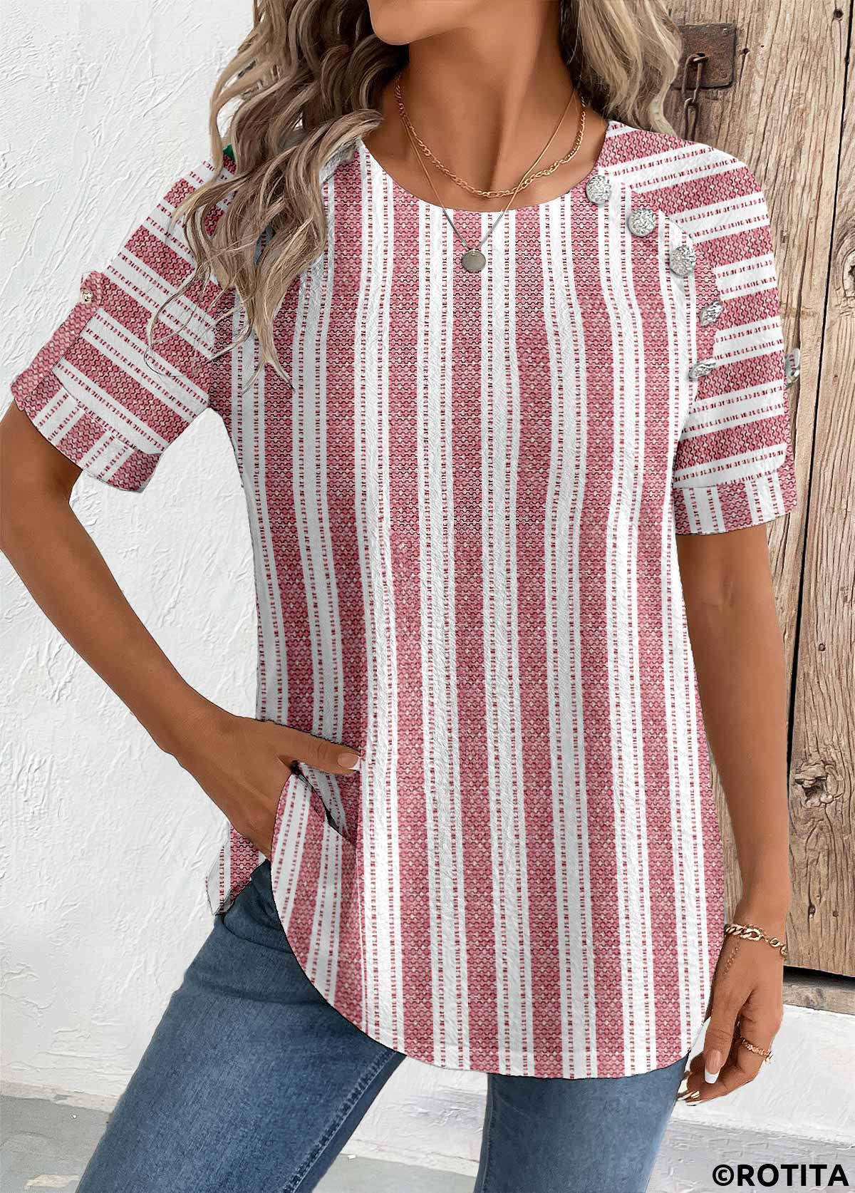 Brick Red tops,Geometric tops,Striped tops,ROTITA Geometric Print Brick Red Round Neck Short Sleeve Blouse