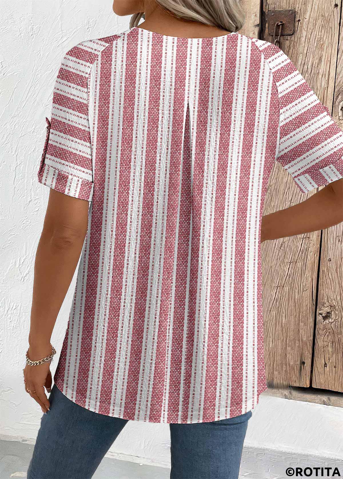 Brick Red tops,Geometric tops,Striped tops,ROTITA Geometric Print Brick Red Round Neck Short Sleeve Blouse