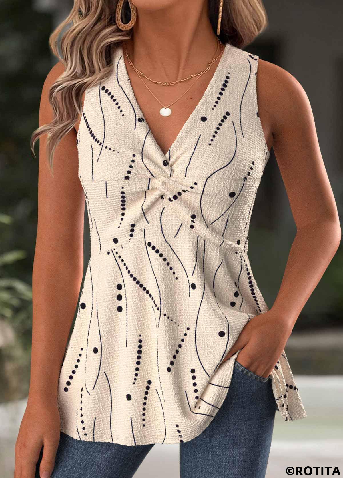 Light Coffee tops,Dot tops,ROTITA Polka Dot Light Coffee V Neck Sleeveless Tank Top
