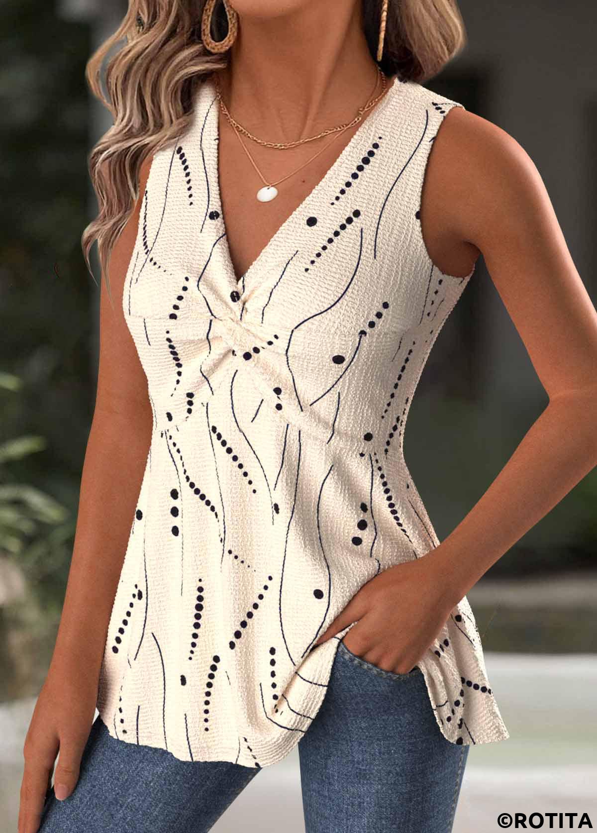 Light Coffee tops,Dot tops,ROTITA Polka Dot Light Coffee V Neck Sleeveless Tank Top