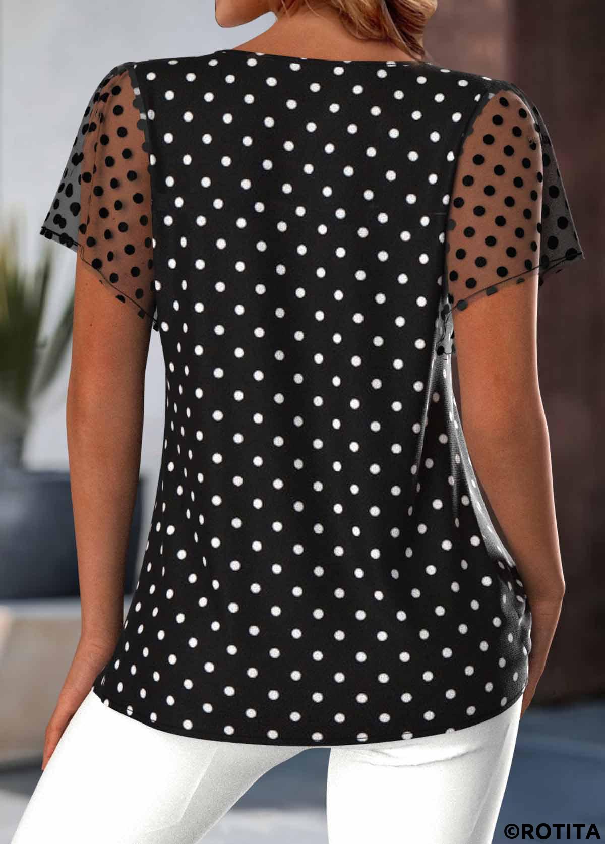 Black tops,Dot tops,ROTITA Polka Dot Black Round Neck Short Sleeve Blouse