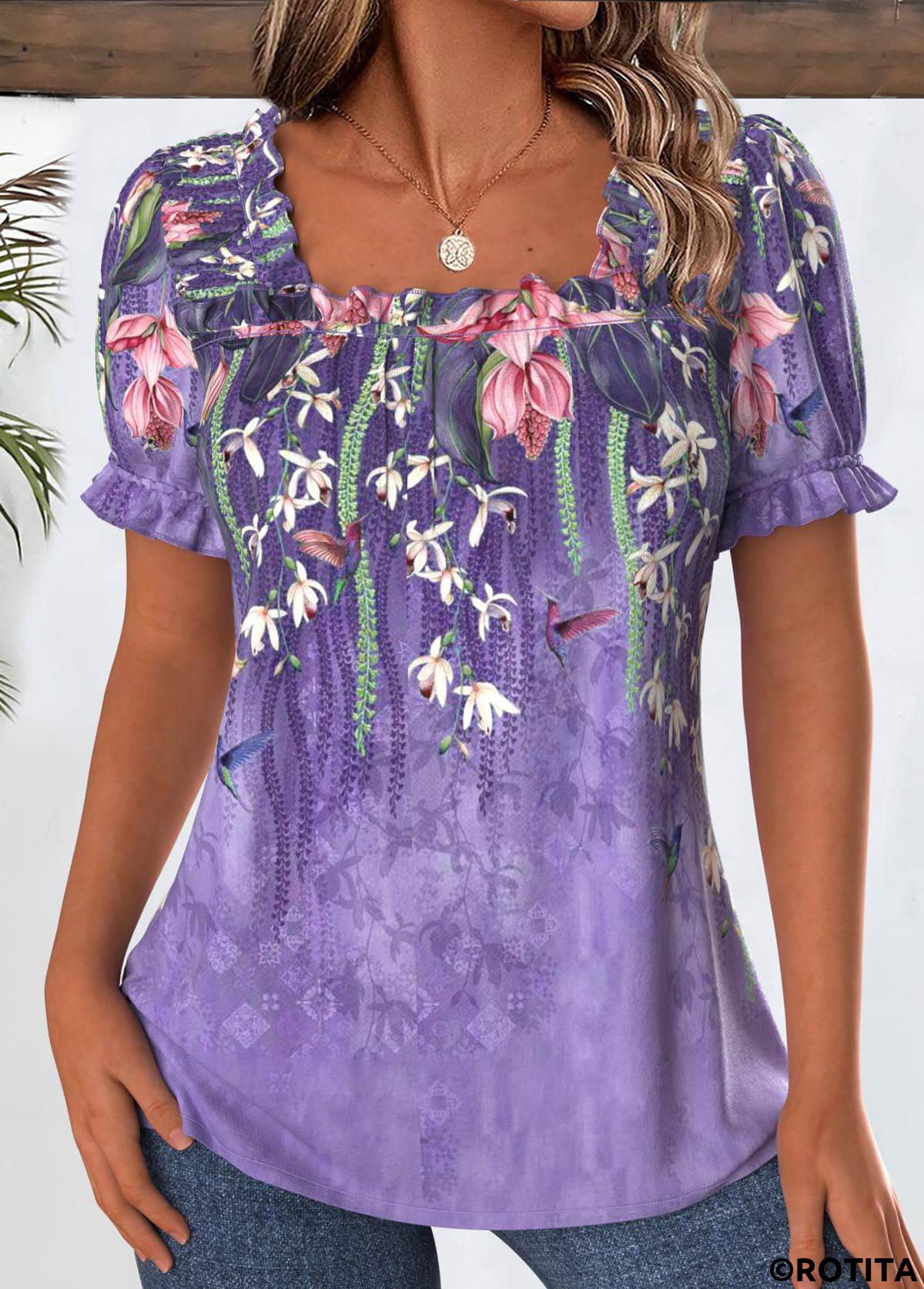 Purple tops,Floral tops,Plants tops,ROTITA Floral Print Purple Square Neck Short Sleeve Blouse