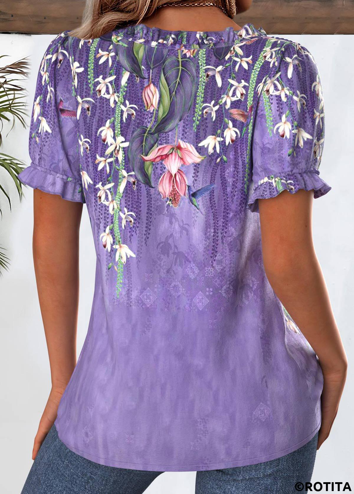 Purple tops,Floral tops,Plants tops,ROTITA Floral Print Purple Square Neck Short Sleeve Blouse