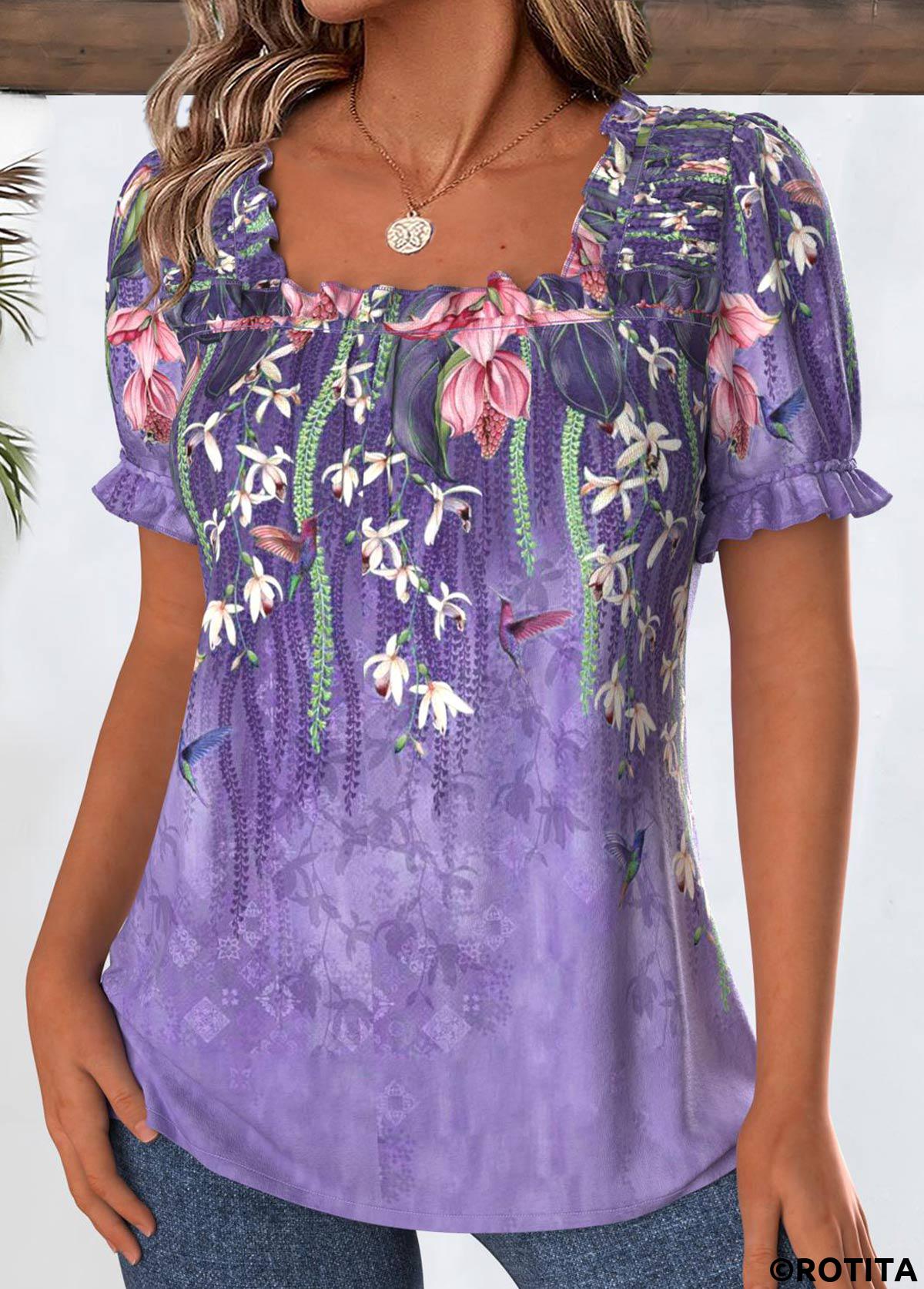 Purple tops,Floral tops,Plants tops,ROTITA Floral Print Purple Square Neck Short Sleeve Blouse
