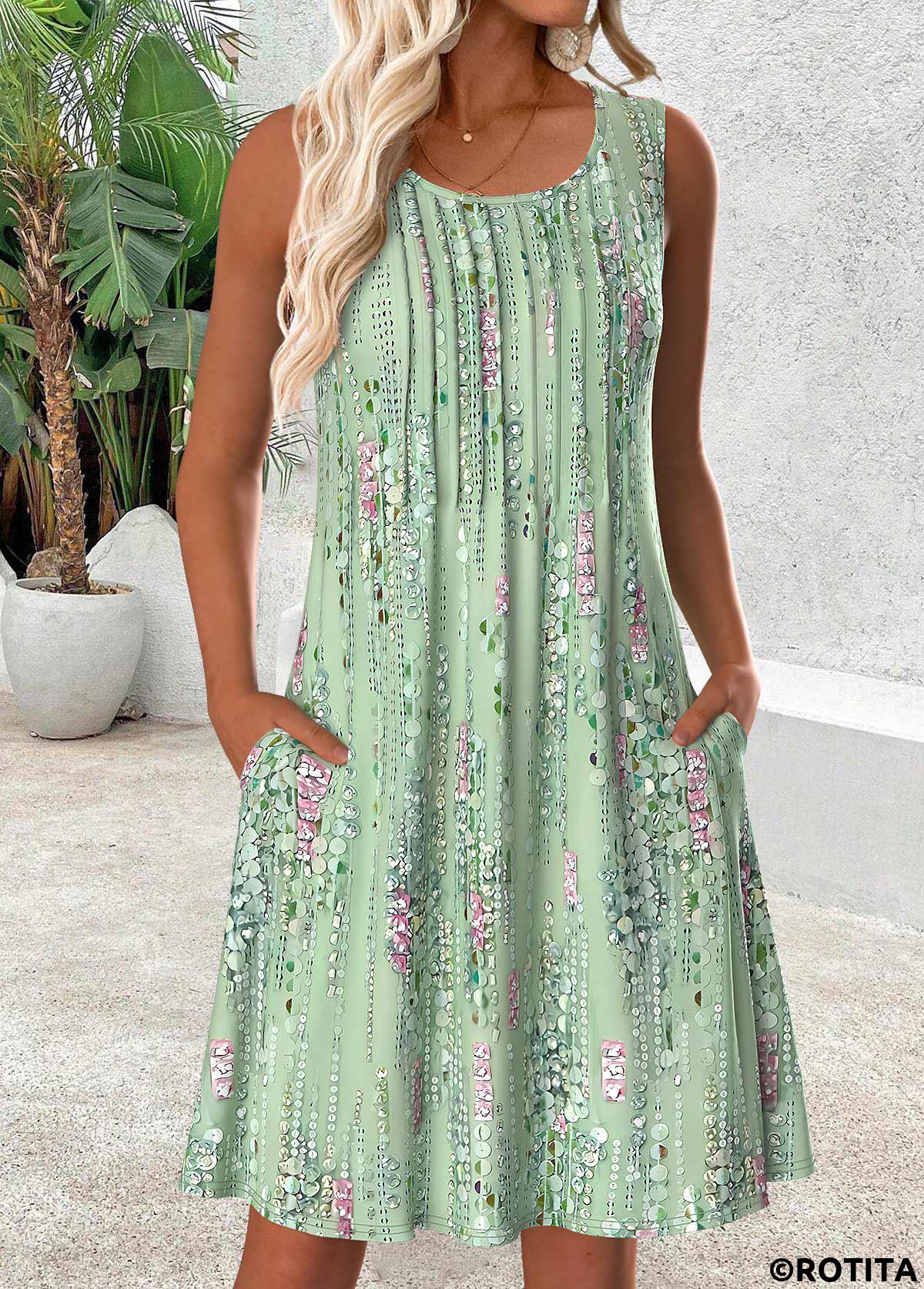 Light Green dresses,Other dresses,Everyday dresses,Casual dresses,ROTITA Light Green Short Scoop Neck Sleeveless Dress