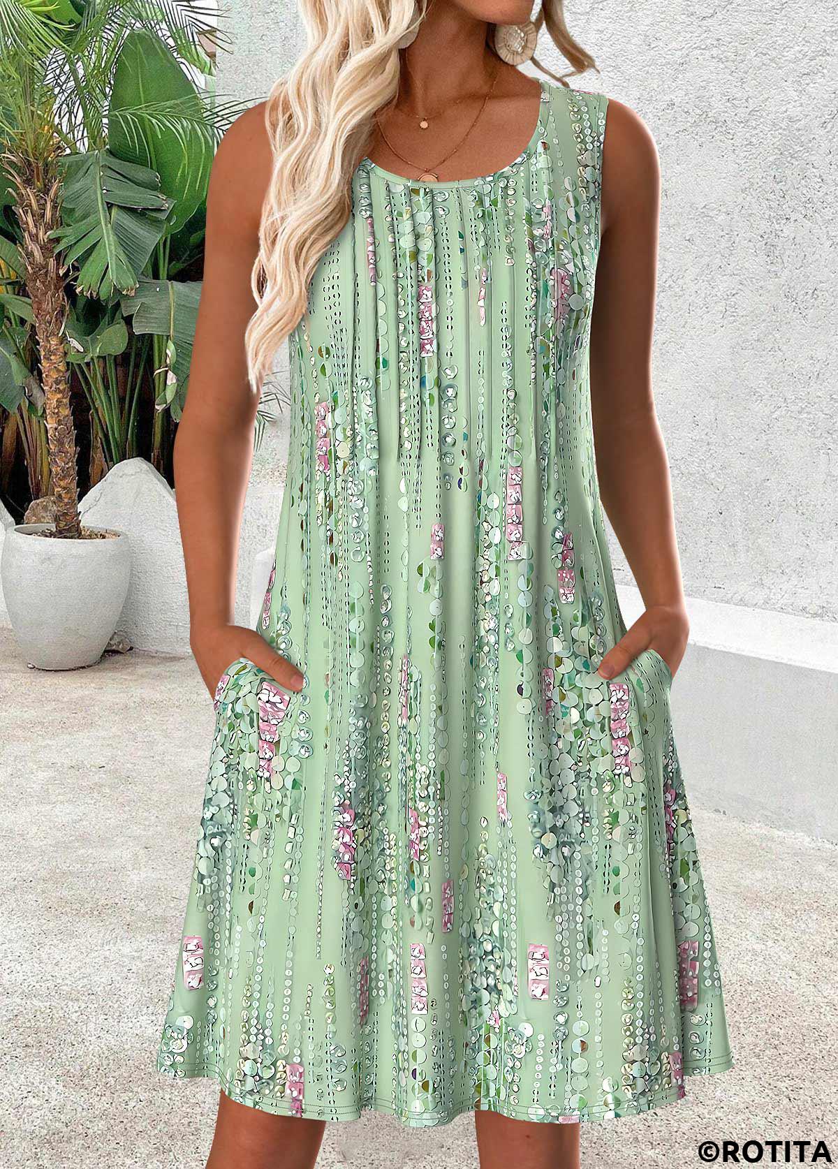 Light Green dresses,Other dresses,Everyday dresses,Casual dresses,ROTITA Light Green Short Scoop Neck Sleeveless Dress