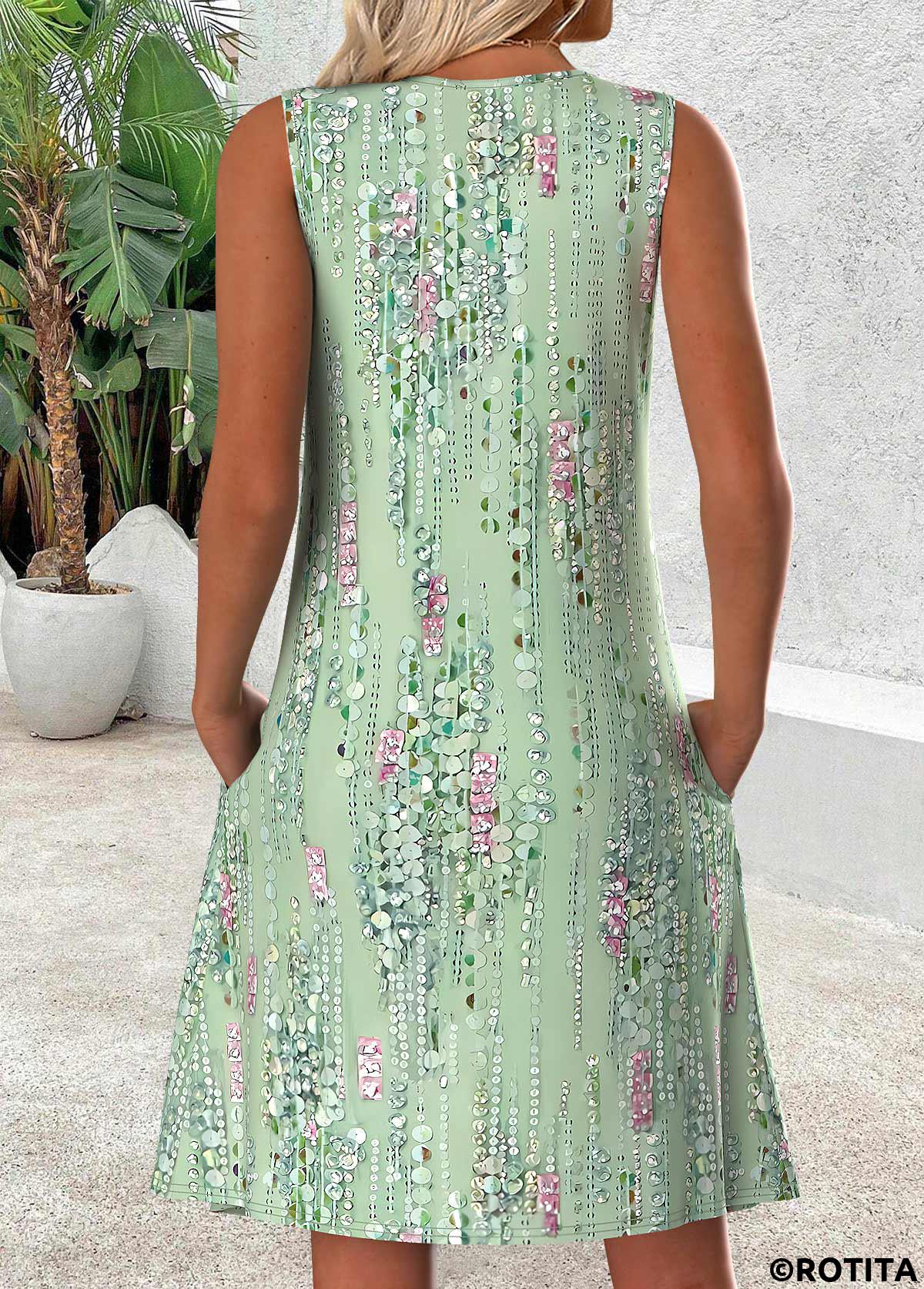 Light Green dresses,Other dresses,Everyday dresses,Casual dresses,ROTITA Light Green Short Scoop Neck Sleeveless Dress