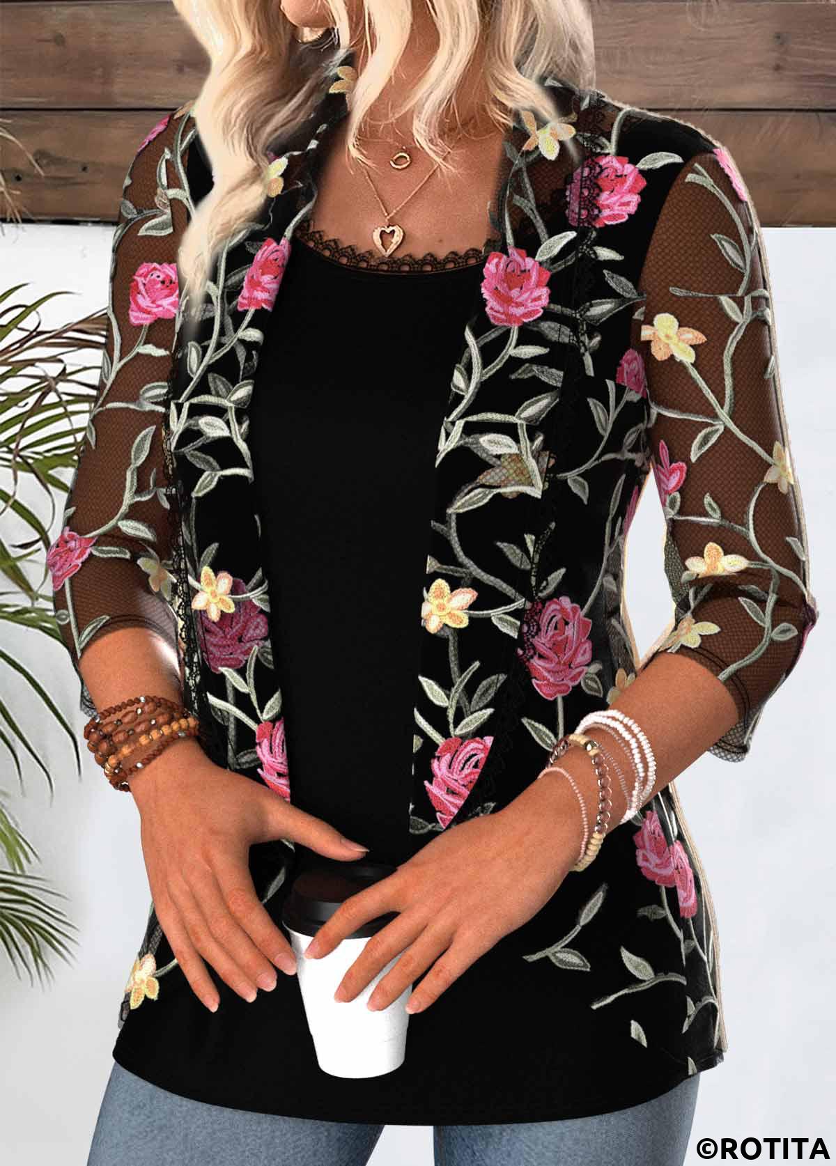 Black tops,Floral tops,Plants tops,ROTITA Floral Print Black Square Neck Fake Two Piece Twinset