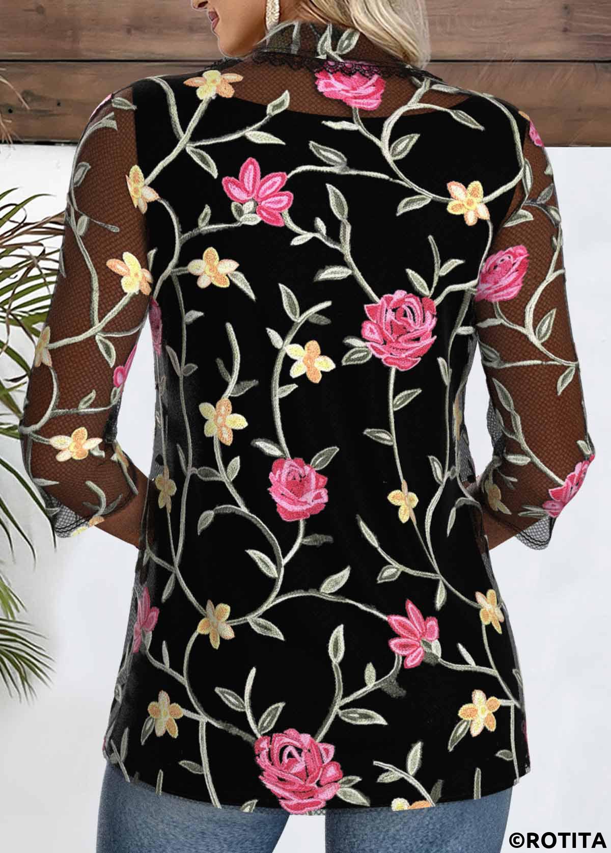 Black tops,Floral tops,Plants tops,ROTITA Floral Print Black Square Neck Fake Two Piece Twinset
