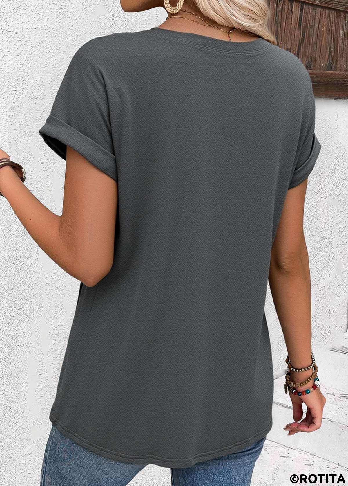 Dark Grey tops,Plain Color tops,ROTITA Dark Grey Round Neck Short Sleeve T Shirt