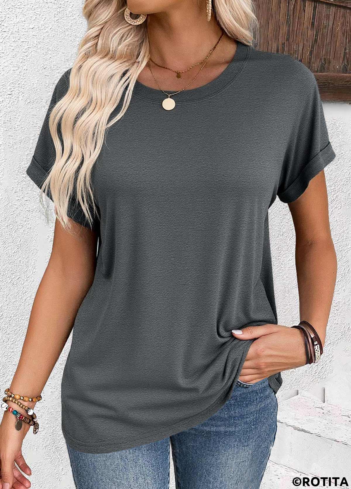 Dark Grey tops,Plain Color tops,ROTITA Dark Grey Round Neck Short Sleeve T Shirt