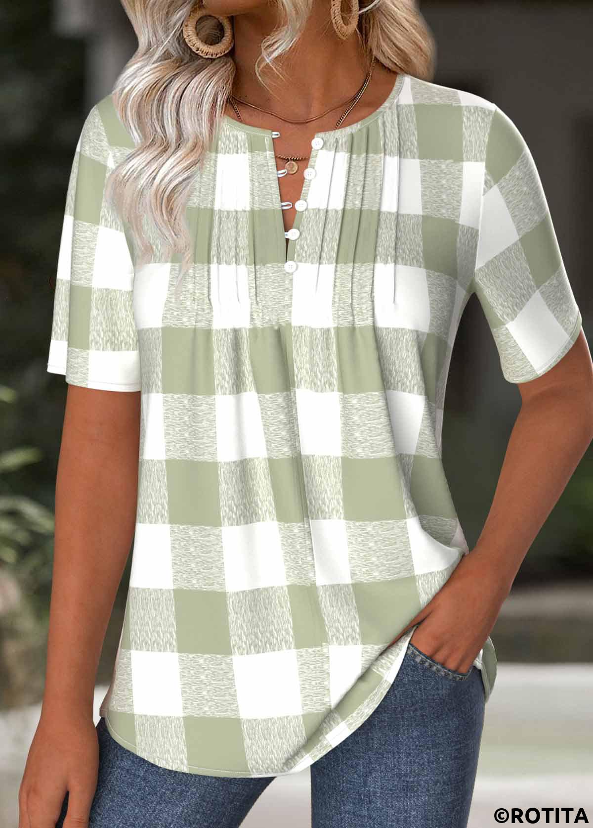 Light Green tops,Plaid tops,Geometric tops,ROTITA Plaid Light Green Split Neck Short Sleeve T Shirt