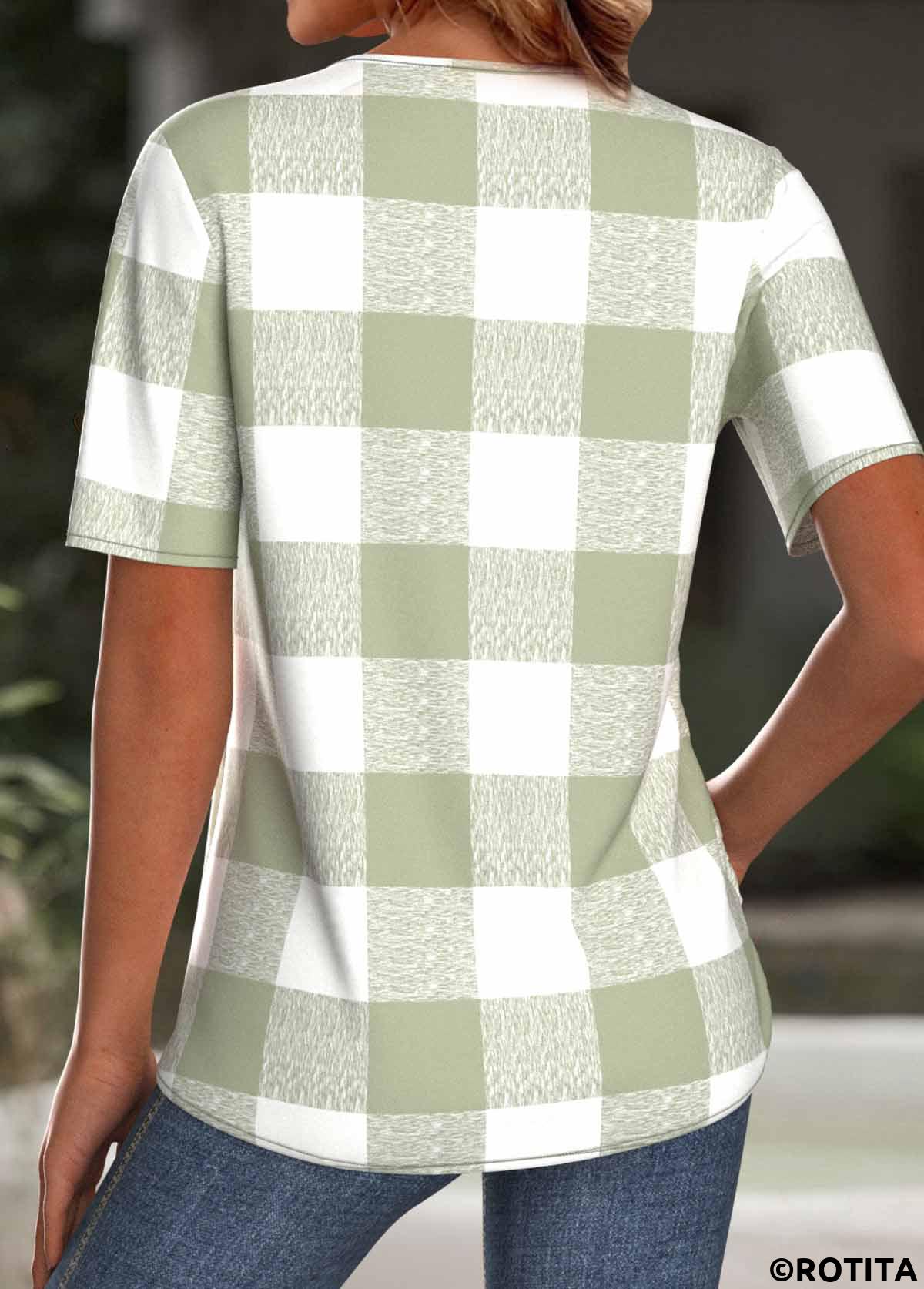 Light Green tops,Plaid tops,Geometric tops,ROTITA Plaid Light Green Split Neck Short Sleeve T Shirt