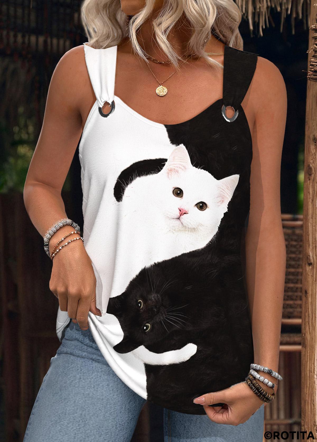 Black tops,Animal Print tops,ROTITA Animal Print Black Scoop Neck Sleeveless Tank Top
