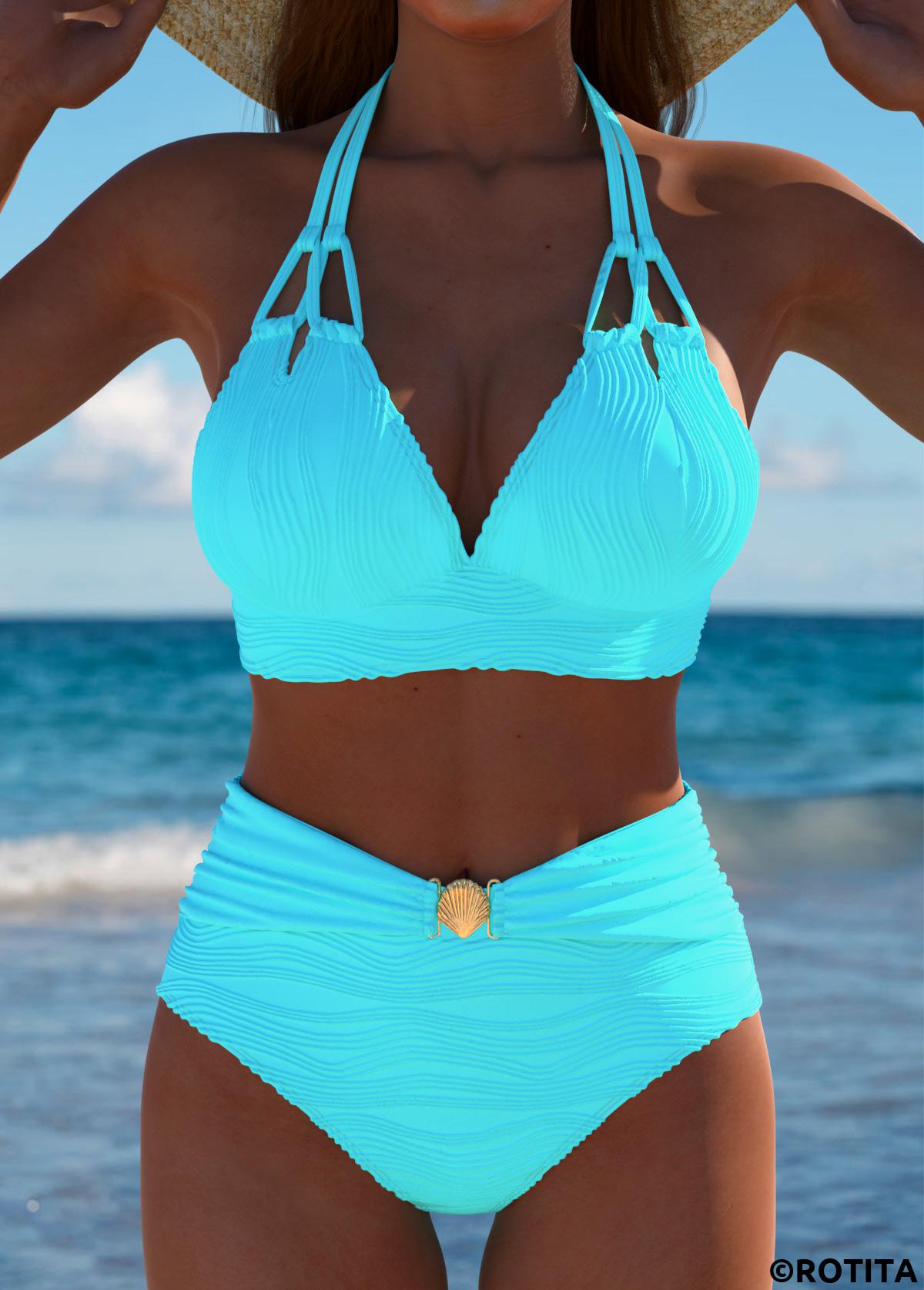 Cyan swimwear,Plain Color swimwear,ROTITA Cyan Mid Waisted Patchwork Bikini Set