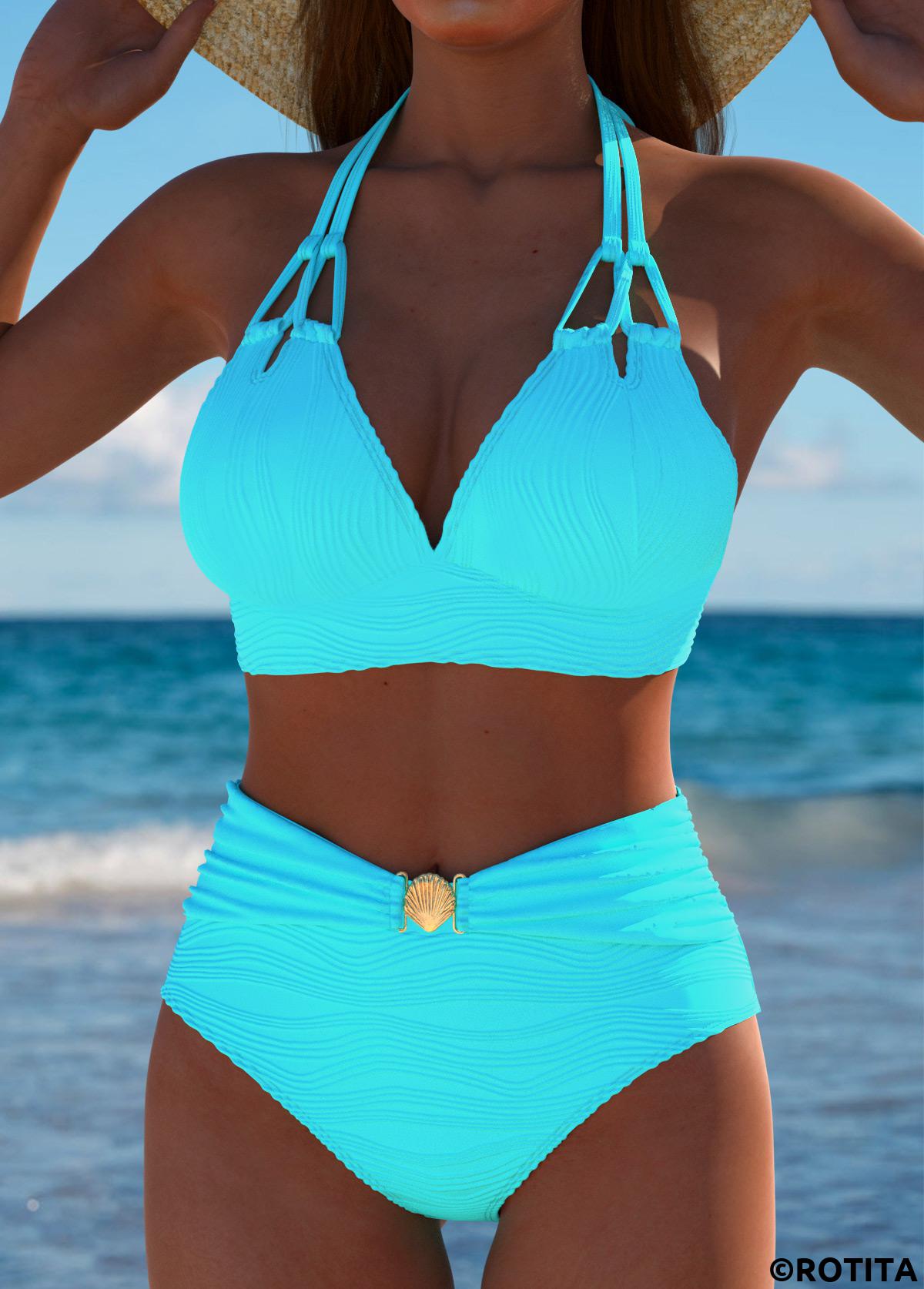 Cyan swimwear,Plain Color swimwear,ROTITA Cyan Mid Waisted Patchwork Bikini Set