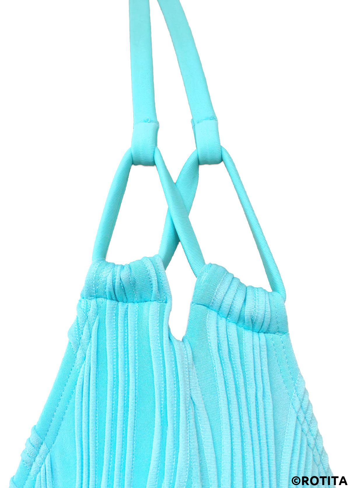 Cyan swimwear,Plain Color swimwear,ROTITA Cyan Mid Waisted Patchwork Bikini Set