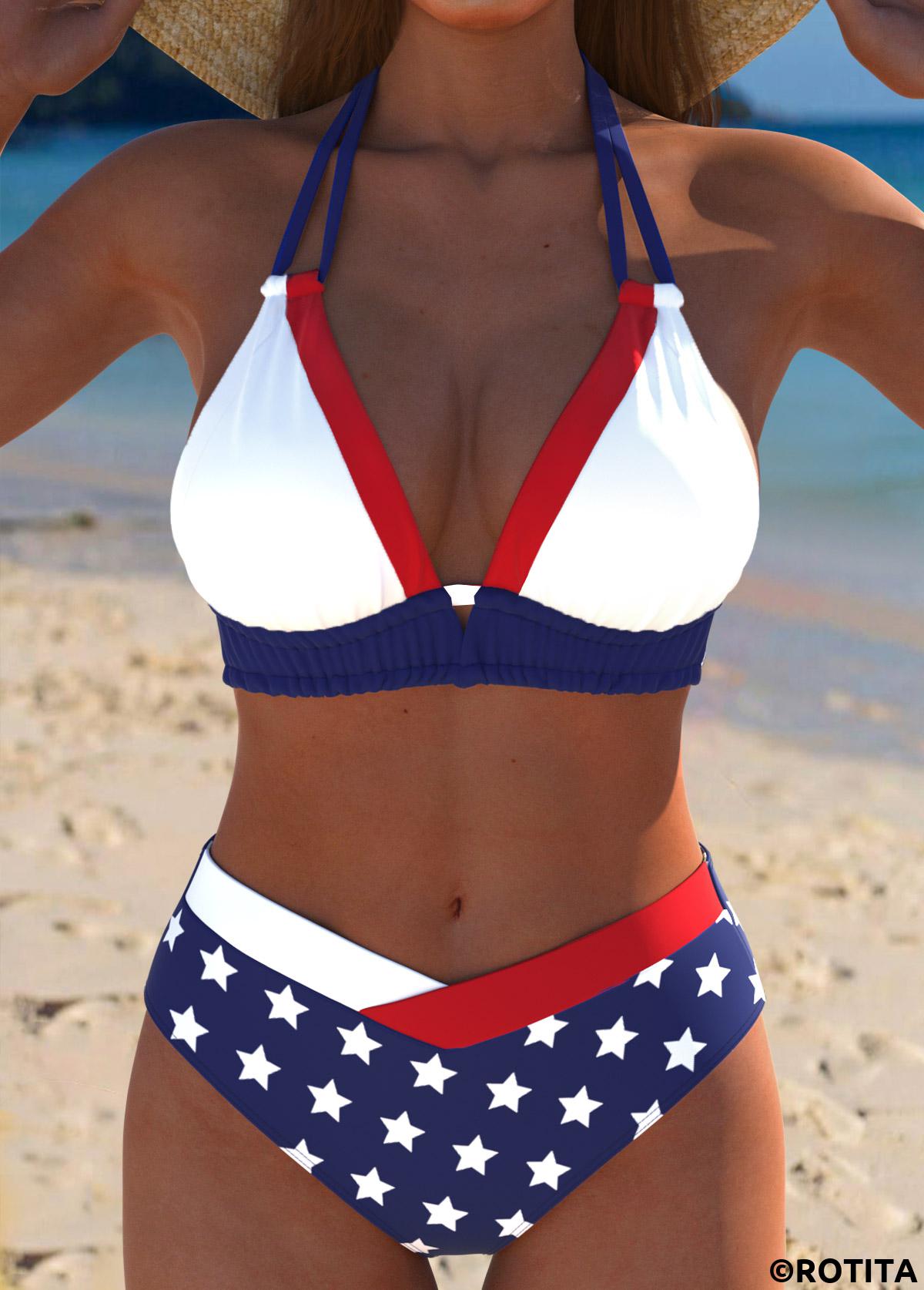 Multi Color swimwear,Flag swimwear,ROTITA American Flag Multi Color Mid Waisted Bikini Set