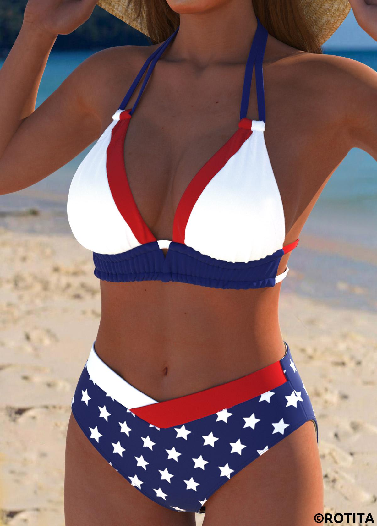 Multi Color swimwear,Flag swimwear,ROTITA American Flag Multi Color Mid Waisted Bikini Set