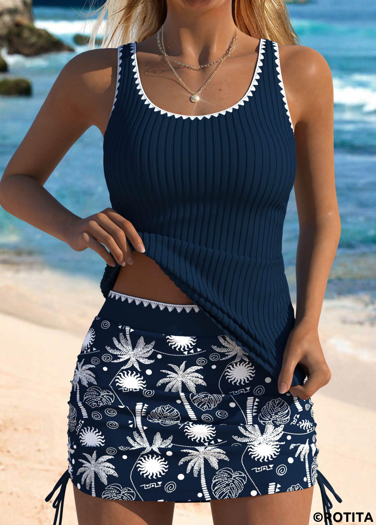 Navy swimwear,Plants swimwear,ROTITA Navy Tropical Plants Print Mid Waisted Tankini Set