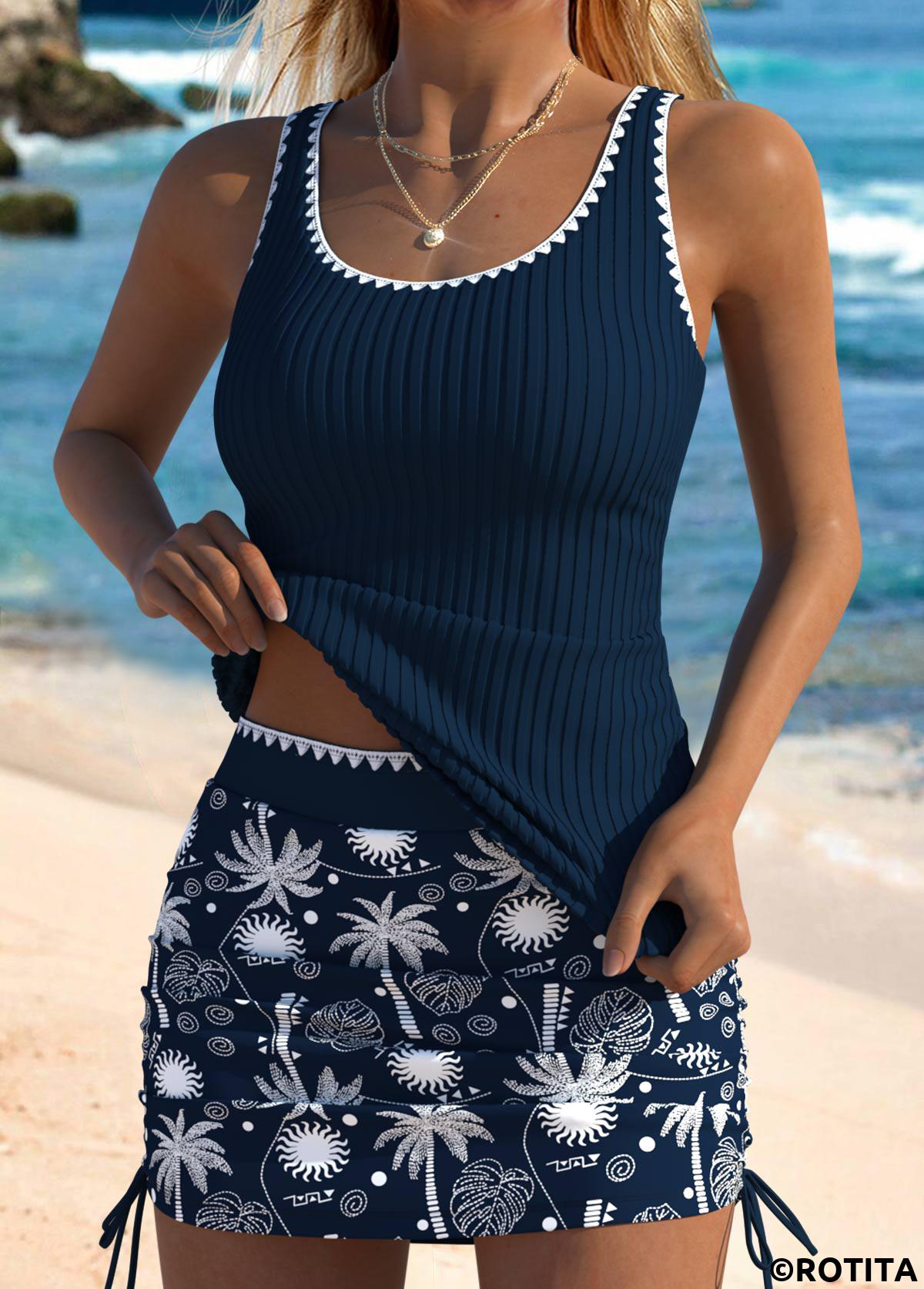 Navy swimwear,Plants swimwear,ROTITA Navy Tropical Plants Print Mid Waisted Tankini Set