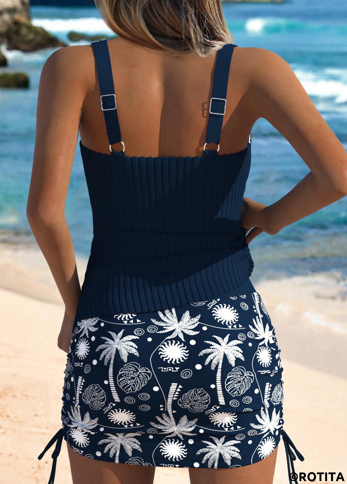 Navy swimwear,Plants swimwear,ROTITA Navy Tropical Plants Print Mid Waisted Tankini Set