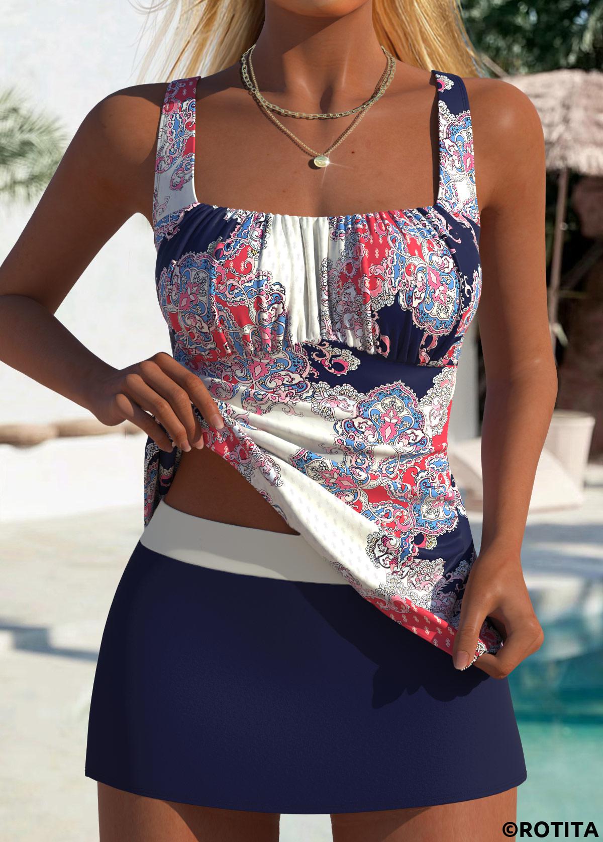 Navy swimwear,Tribal swimwear,ROTITA Navy Tribal Print Mid Waisted Tankini Set