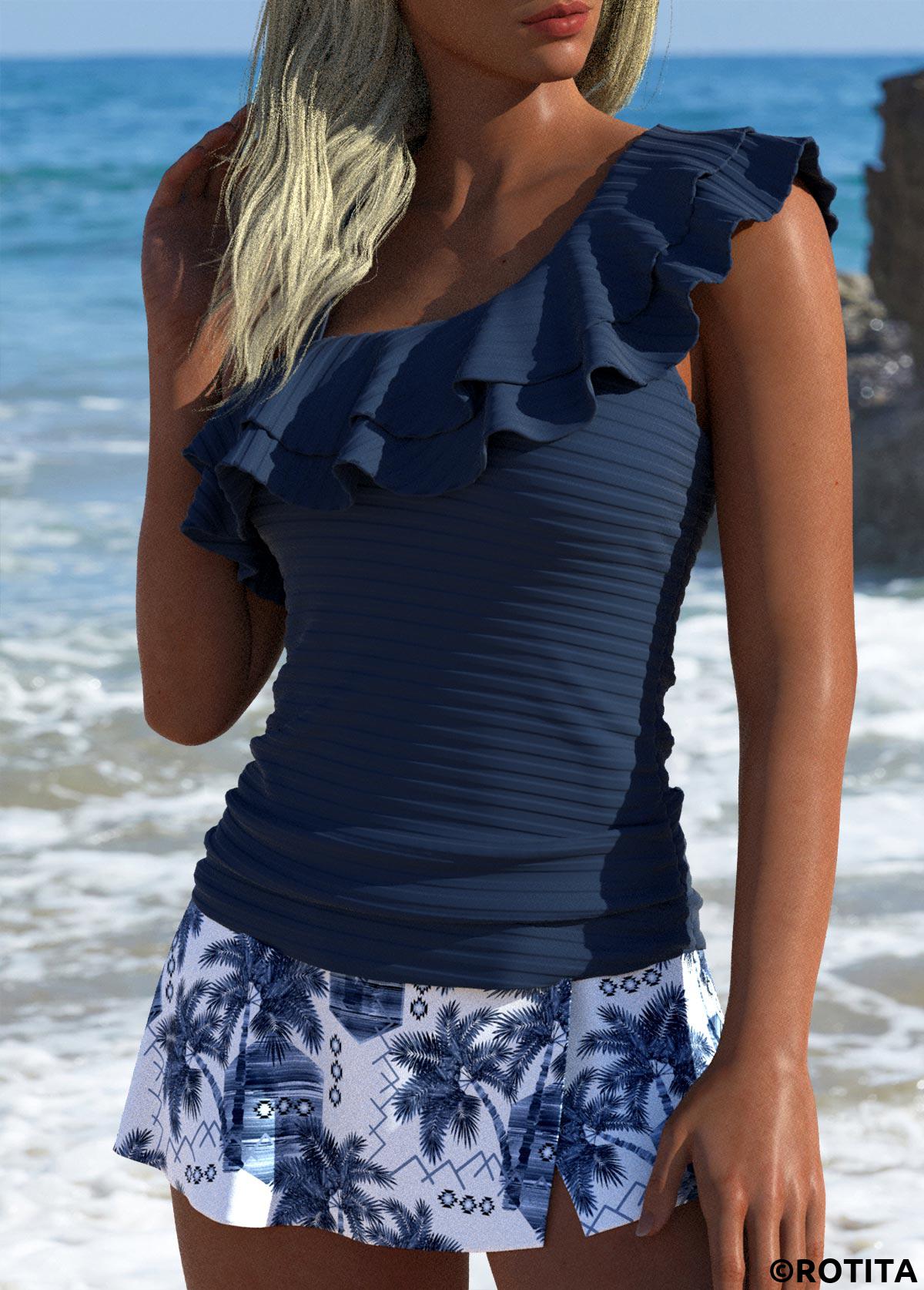 Navy swimwear,Plants swimwear,ROTITA Navy Tropical Plants Print Mid Waisted Tankini Set